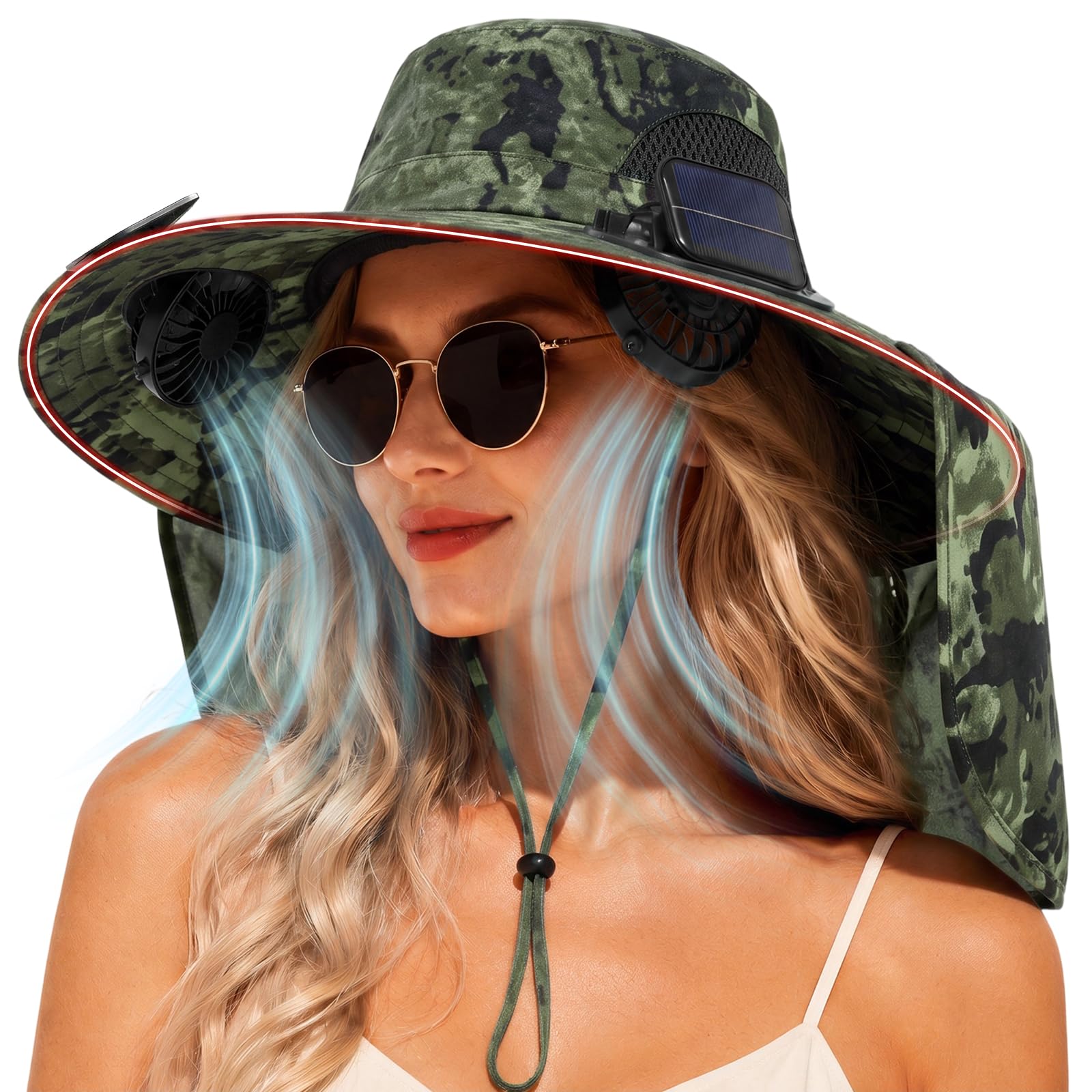 Solar Panel Powered Fan Built in Wide Brim Outdoor Fishing Hat USB Charging Men Ultralight Sun Bucket Mission Cool Cap for Garden Boonie Summer Beach Safari Hiking Camping Sunhat Mowing UV Protection