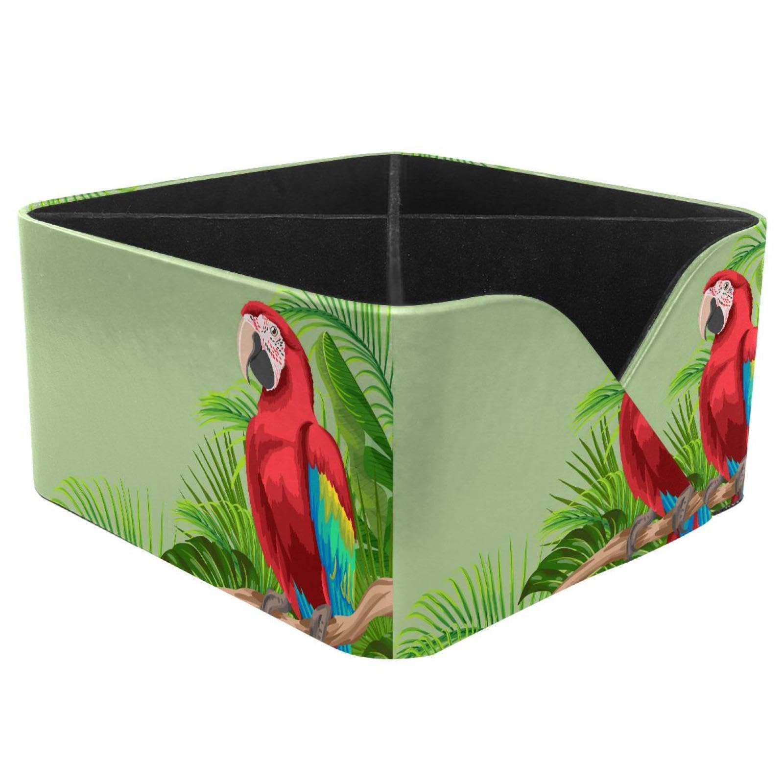KengjuTesu Parrot and Tropical Palm Leaves Desktop Organizer Pen Holder, Rectangular Pencil Cup for Office, Study and Makeup Stations