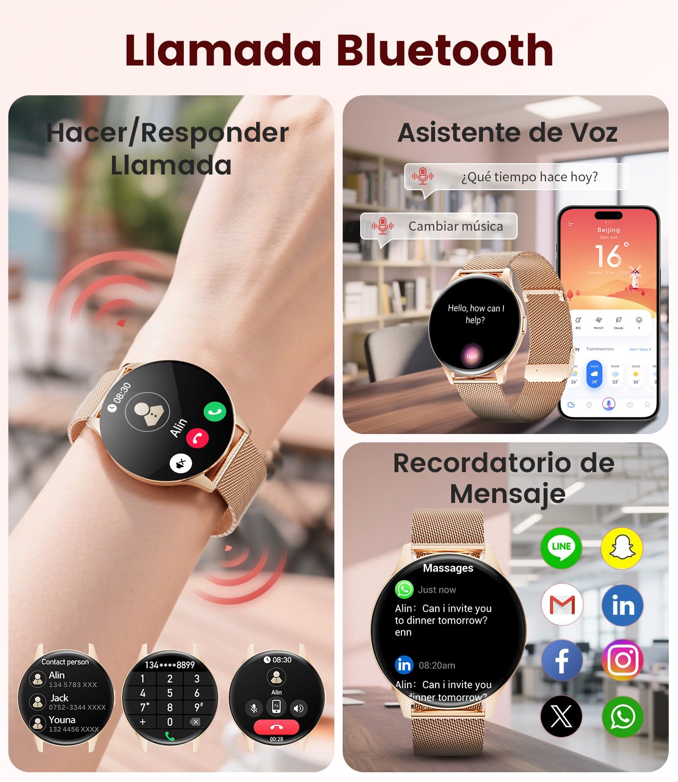 FITFLEX Reloj Inteligente Mujer, Pantalla 1.43" HD Smartwatch, Llamada Bluetooth, 120+Deportivos, Monitor 24/7 Ritmo/Sueño/Calorías, Tracker Fitness, IP68 Smart Watch, iOS Android, Oro Rosa