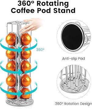 Coffee Pod Stand Holder for Nespresso Vertuoline 20 Pods Coffee Bar Vertuo Pod Organizer Rack Holds 360° Rotatable Coffee Capsules 20 Pods Holder Spinner for Nespresso Vertuo Line Silver