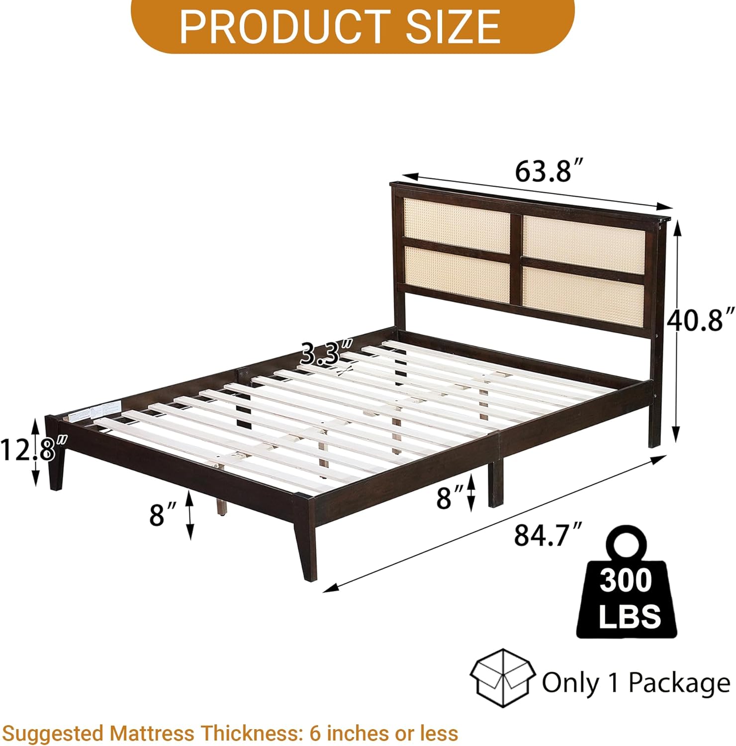 Queen Size Rattan Bed Frame with Rattan Heaboard, Boho Rubber Wood Platform Bed, Noise-Free, No Box Spring Needed, Espresso