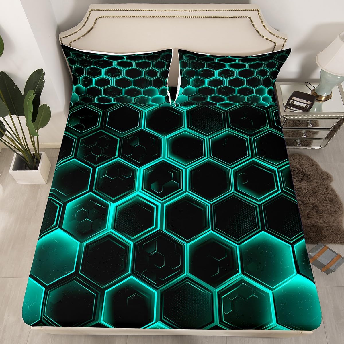 3D Honeycomb Fitted Sheet Twin Size,Neon Light Hexagon Abstract Print Mattress Protector with 1 Pillowcase,Modern Simple Geometric Black Elastic Deep Pocket Kids Bed Cover (No Top Sheet)