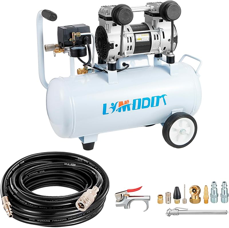 Quiet Oil-Free Air Compressor, 68 dB, 2.8 CFM @ 90 PSI, 5 Gallon Air Tank | Electric Steel Tank Compressor for Woodworking, Nailing, Garage, Car Inflation and Pneumatic Tools, Includes Air Hose Kit