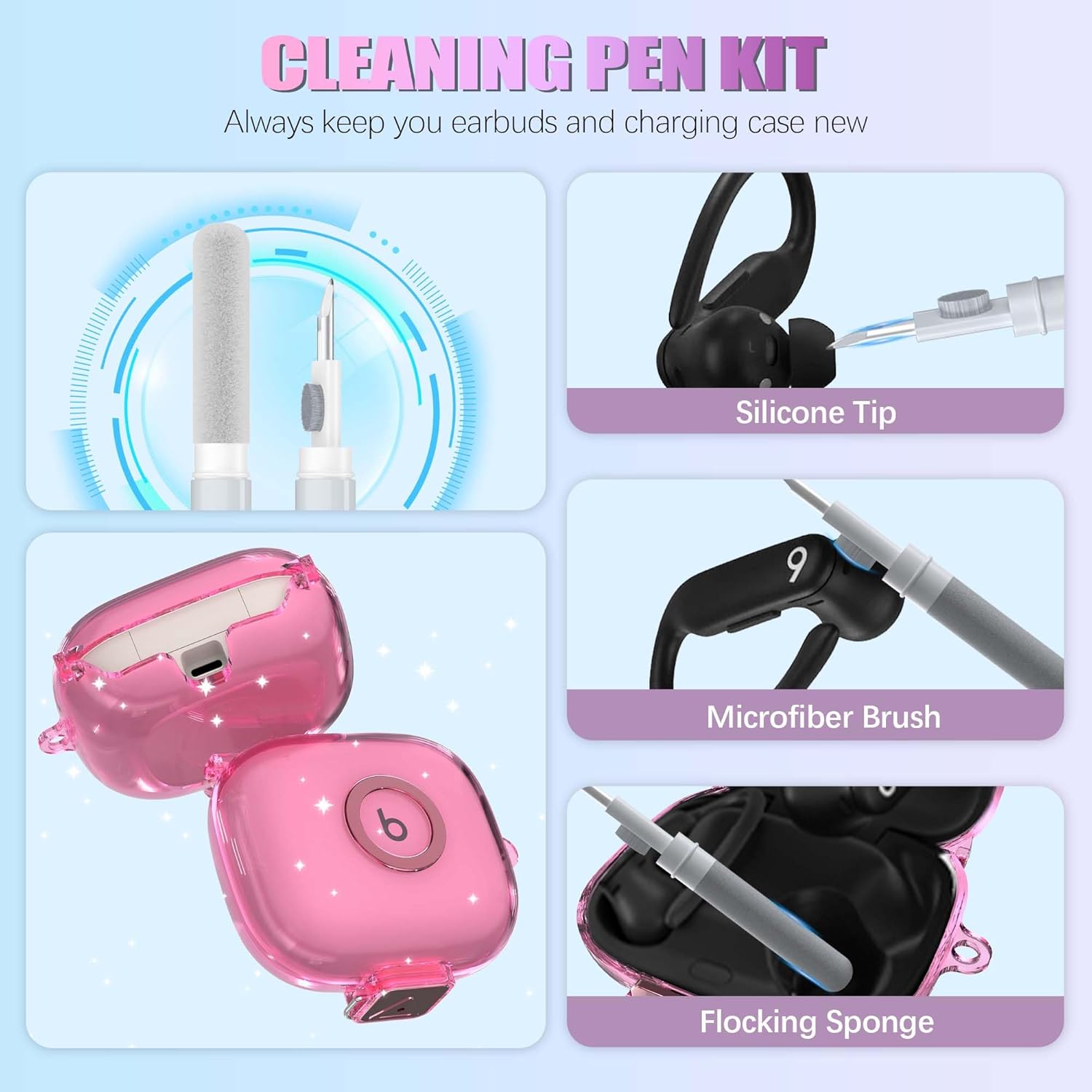 Compatible for Beats Powerbeats Pro 2 Case Cover with Secure Lock, Soft TPU Shockproof Protective Clear Case for Beats Powerbeats Pro 2 Earbuds Accessories with Fashion Keychain & Cleaner Kit (Pink) - Image 7