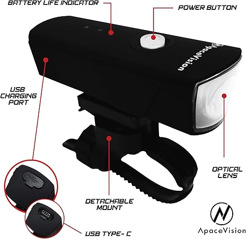 Vista 9 de Apace Vision XPRO-LUME - Luces de bicicleta recargables por USB, potentes 500 lúmenes, luz delantera de bicicleta - Super brillante IPX5 impermeable