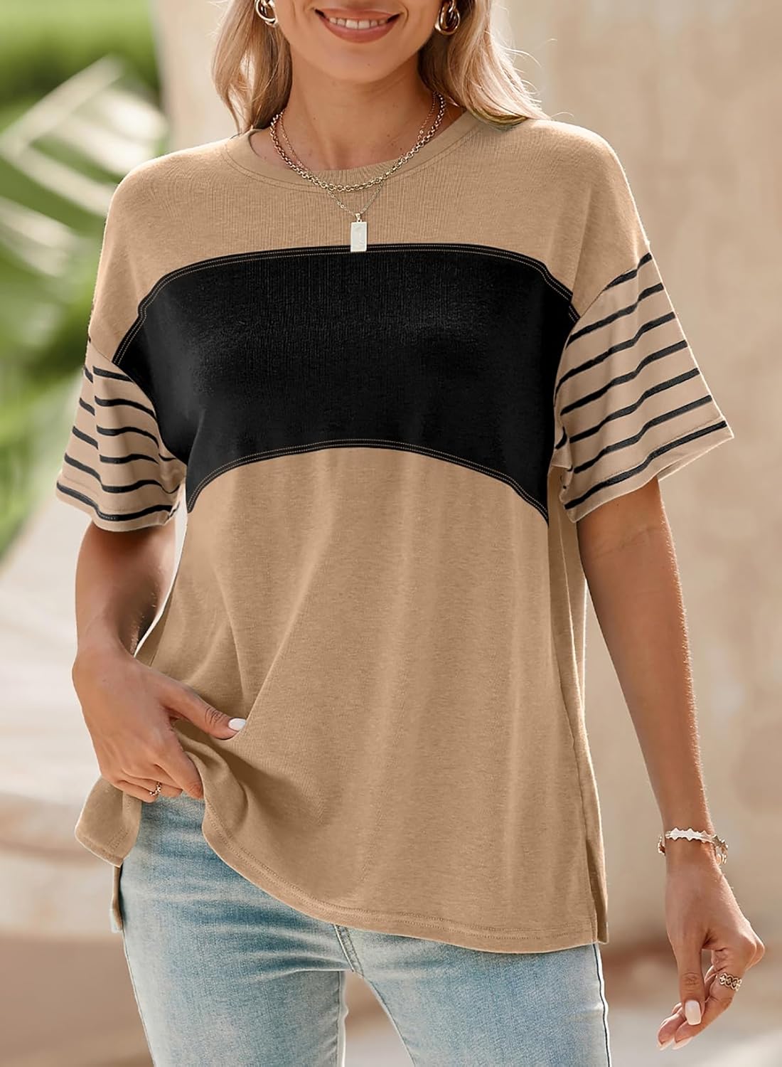 Dokotoo Summer Tops Trendy Oversized 2026 Crewneck Casual Color Block Striped Womens Shirts Blouses - Image 4