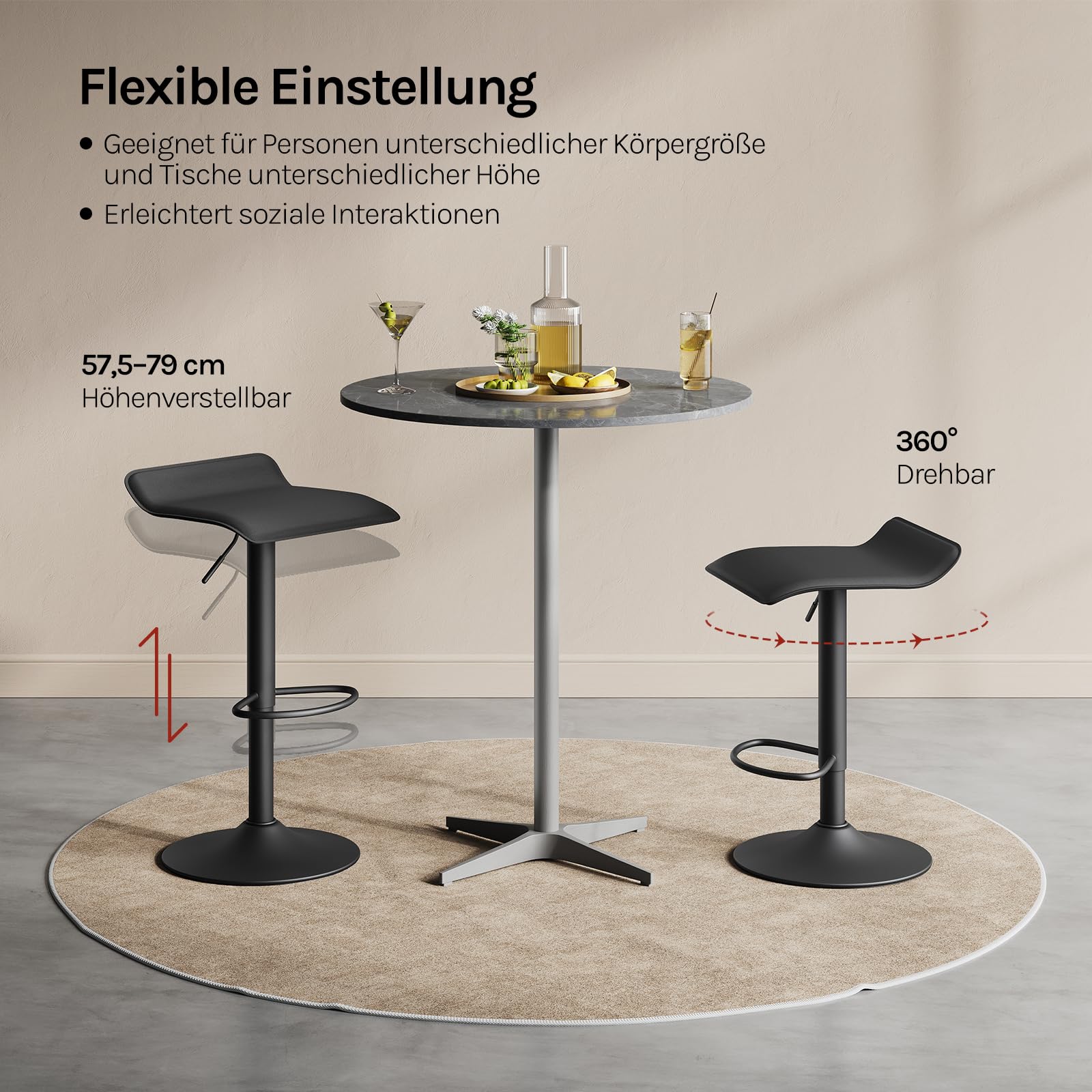 WOLTU Barhocker 2er Set, Höhenverstellbarer Barstuhl, 360° drehbarer Bistrohocker mit Fußstütze, aus Kunstleder Metall, für Bar Küche Theke Café, Schwarz+Schwarz