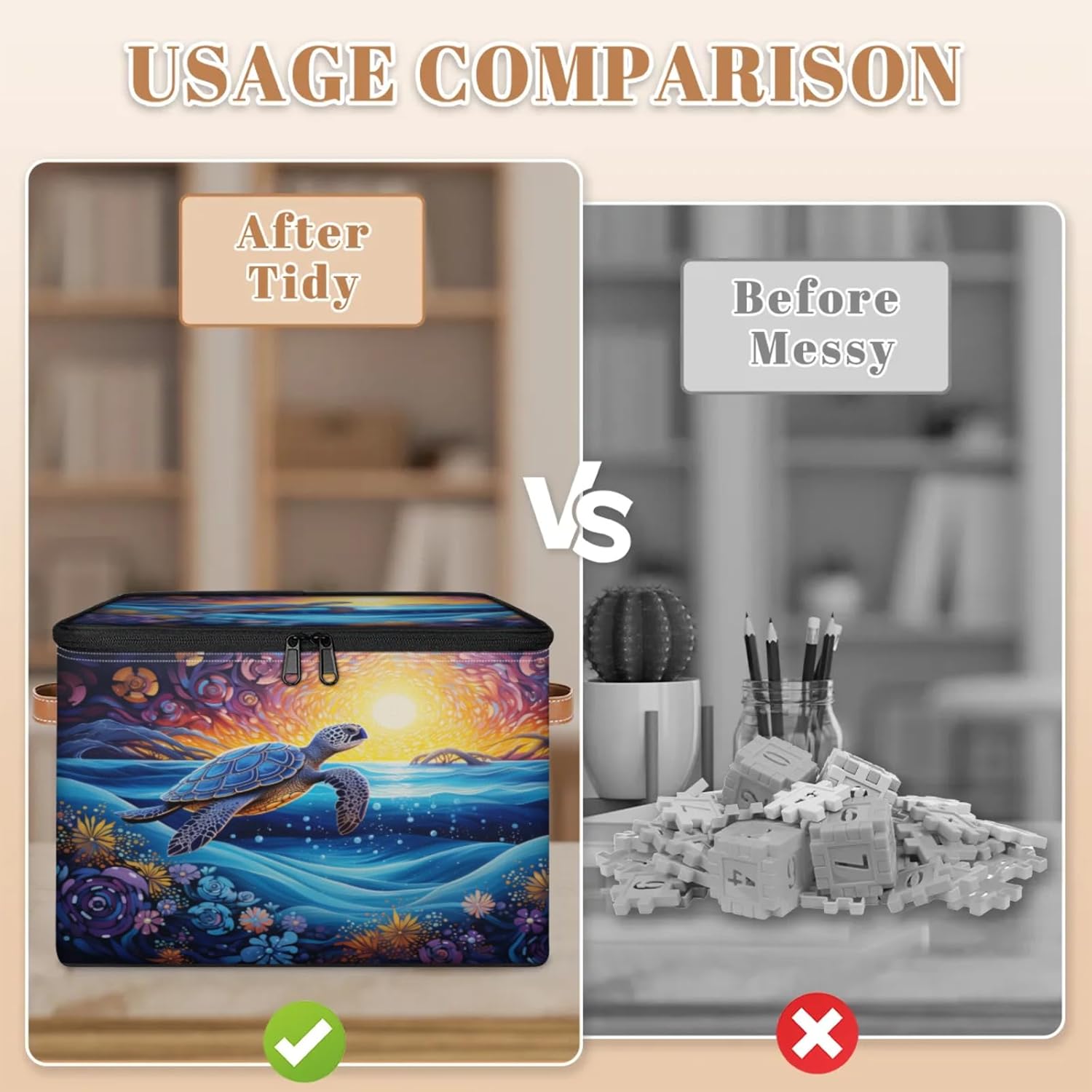 Storage Bin Set of 2 Sea Turtle Floral Storage Basket with Zipper Lid & Handle Foldable Closet Shelf 2 Pack Cloth Organizer Basket Cube Bins Clothes Organizer for Nursery, Bedroom