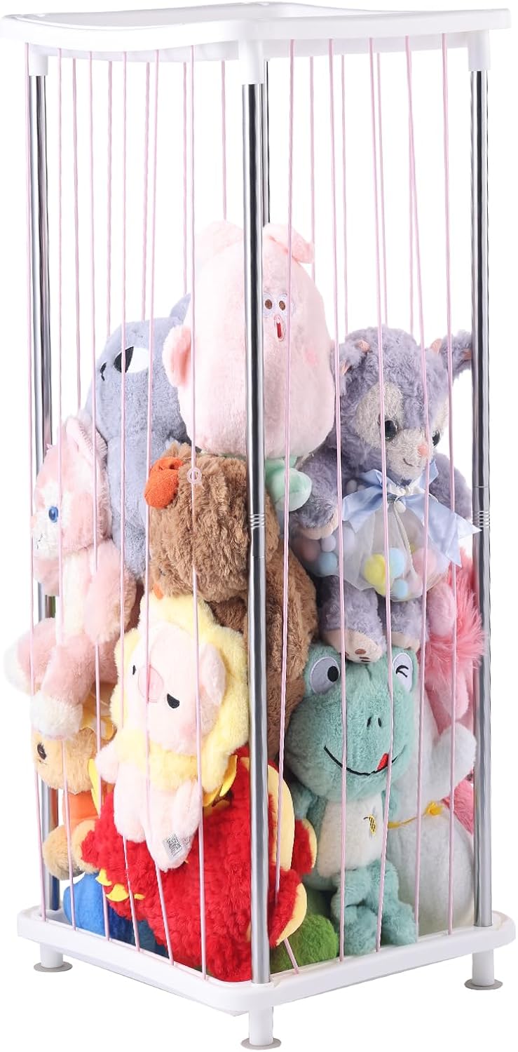 Upgraded Stuffed Animal Storage Zoo, PP Plastic Cute Stuffed Animal Cage for Boys Girls,Space Saving Plush Toy Organizer with Pink Elastic Ropes for Kids Bedroom & Nursery Playroom