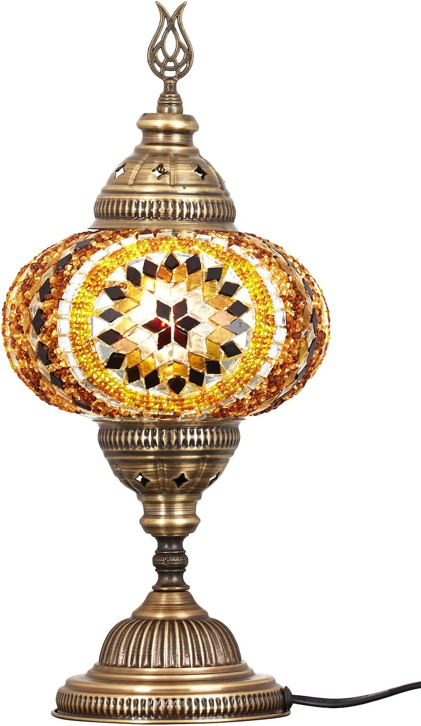 DEMMEX – 7" Large Globe Turkish Moroccan Mosaic Table Lamp, Handcrafted Tiffany-Style Colorful Glass Bedside, Desk & Table Light, Artisan Decor for Living Room or Bedroom, 14" H (Amber&Brown)