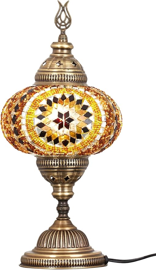 DEMMEX DEMMEX – 7" Large Globe Turkish Moroccan Mosaic Table Lamp, Handcrafted Tiffany-Style Colorful Glass Bedside, Desk & Table Light, Artisan Decor for Living Room or Bedroom, 14" H (Amber&Brown) photo 2