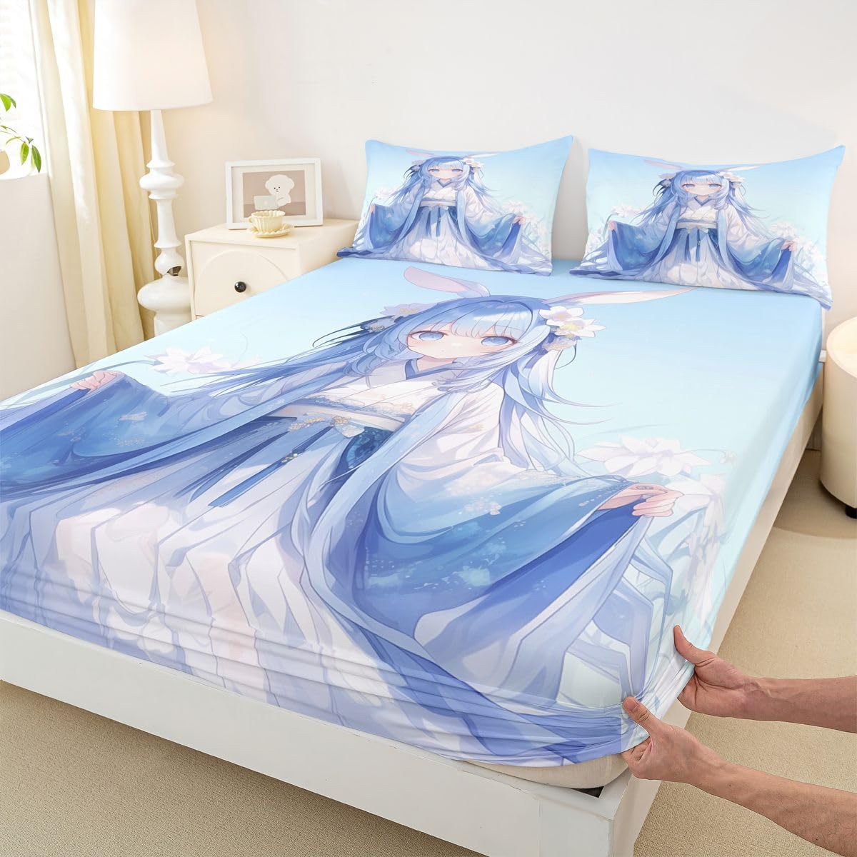Erosebridal Traditional Japanese Girl Fitted Sheet Kawaii Decor, 3D Anime Gifts Sheets Cartoon Japanese Girl Bed Set, Blue Butterfly Decorations Bed Sheets Full, 1 Fitted Sheet 2 Pillowcases image 2