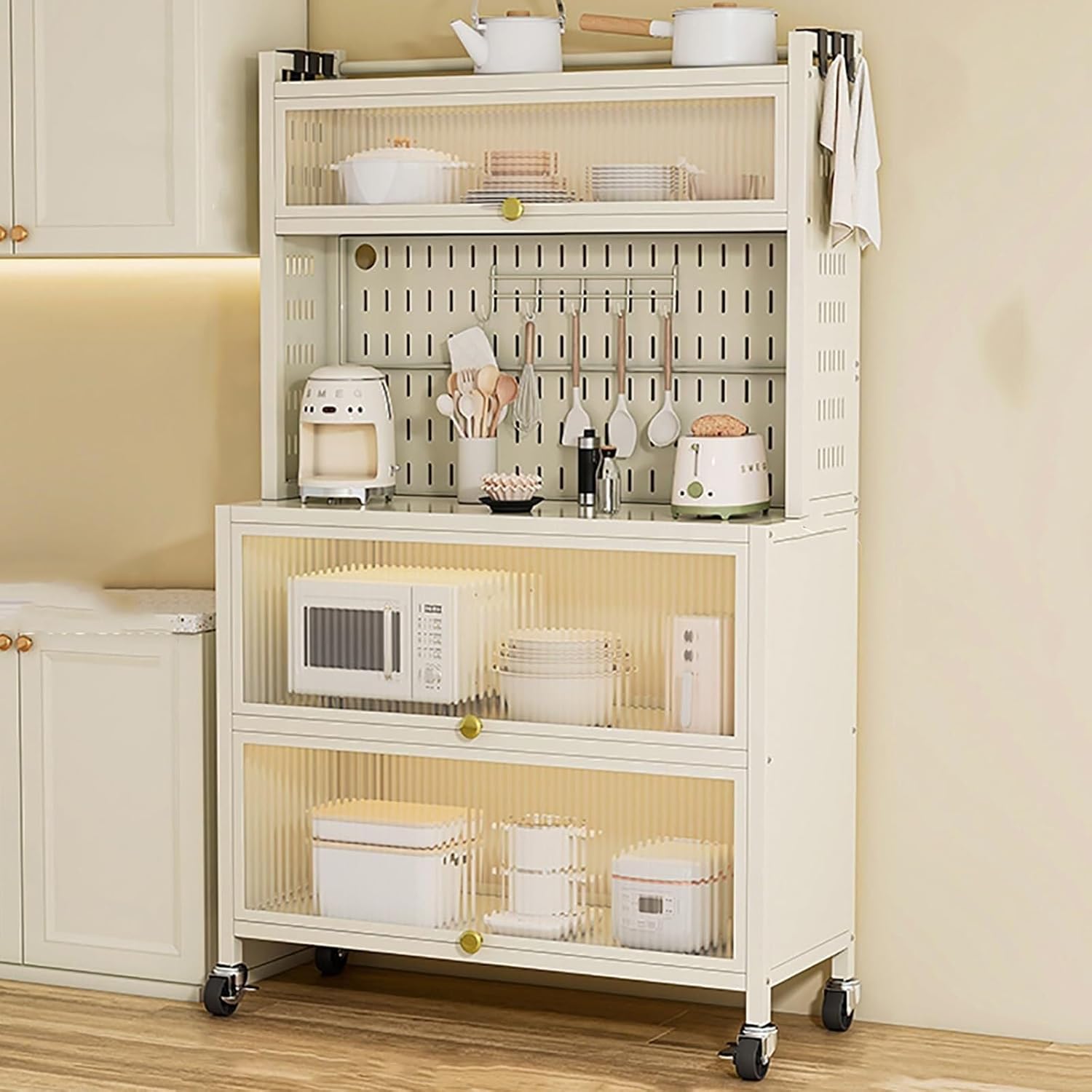 5-Tier Kitchen Baker's Rack with Flip Door Cabinet, Metal Microwave Stand & Storage Shelf, Black, 90x36x162cm - Versatile Kitchen Organizer for Small Spaces, Durable & Stylish