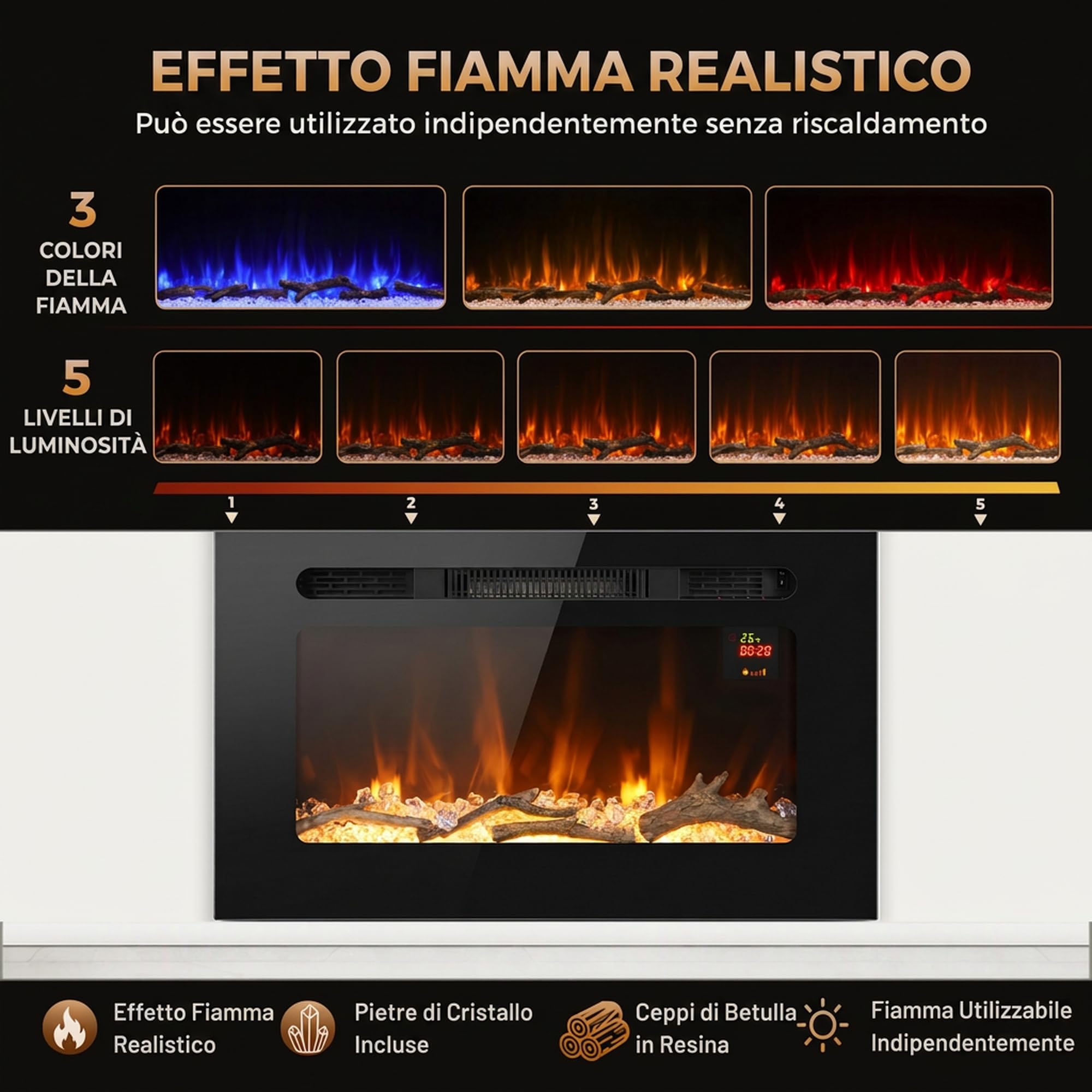 HOMCOM 66cm Camino Elettrico da Parete e Incasso 1800W Riscaldamento, Nero
