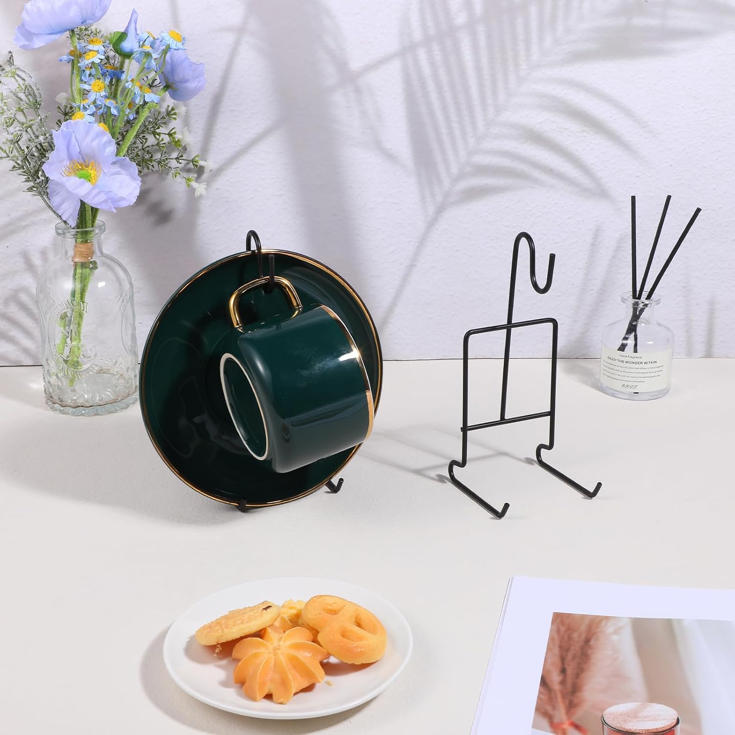 2 Pcs Tea Cup and Saucer Display Stand Metal Saucer Organizer Plate Coffee Mug Hanger Stand Tray Easel Holder Storage Rack for Afternoon Tea Party (Black)