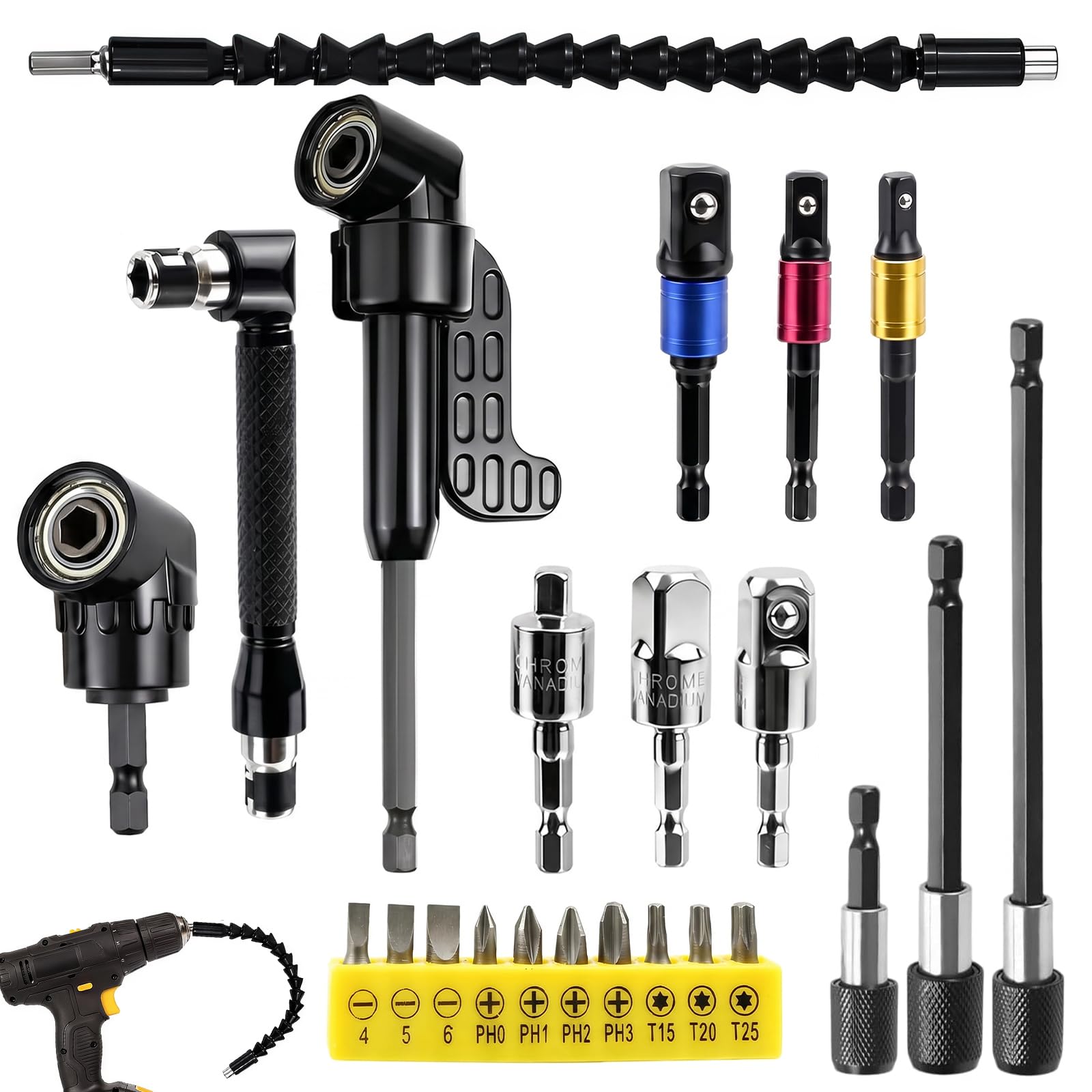 Rfytdcf Black 23-Piece 105° Angle Screwdriver Attachment Set, Angle Attachment For Cordless Screwdrivers