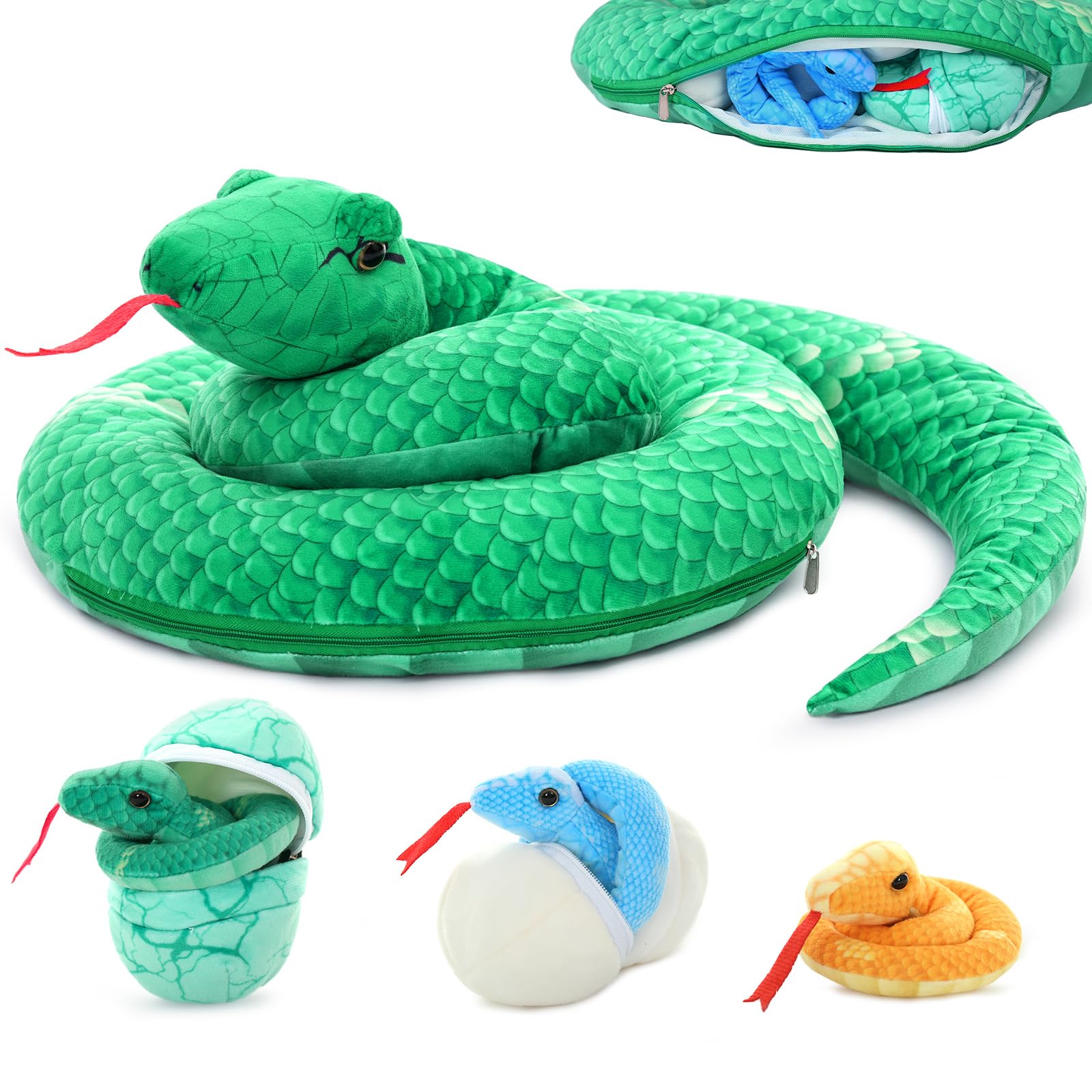 MorisMos Serpiente de Peluche XXL con Bebe en el Vientre, 140 cm de Largo Gran Serpiente Juguetes de Peluche Animales Realista, Regalo para Niños Niñas Cumpleaños Navidad