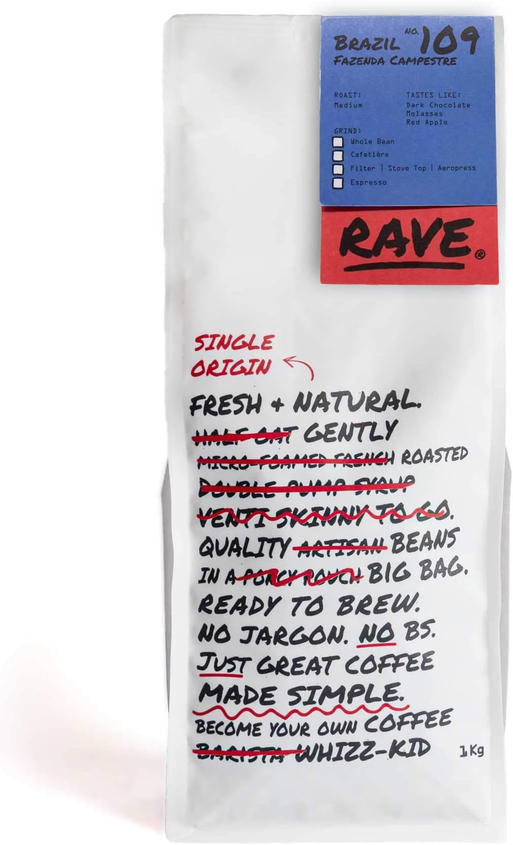 Rave CoffeeBrazil Fazenda Campestre Nº 109 Single Origin, Freshly Roasted Whole Beans 1Kg