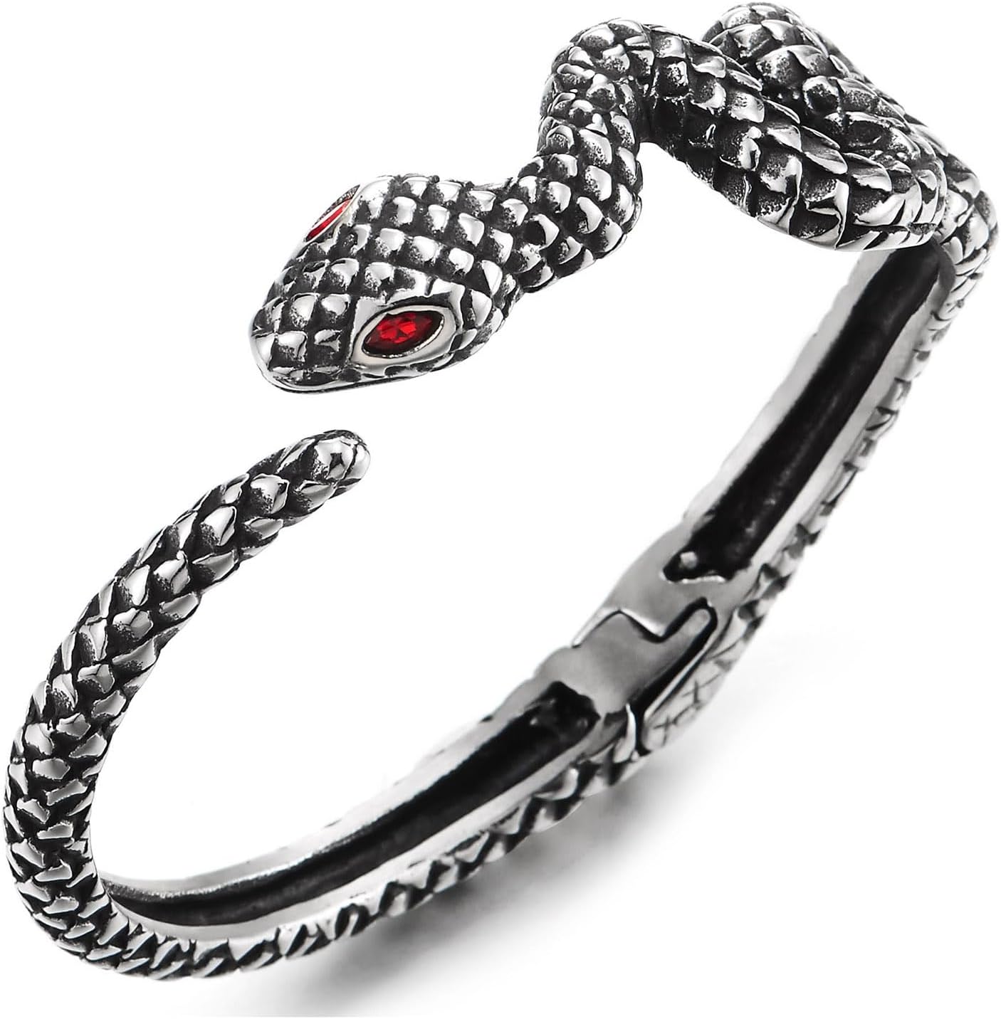 COOLSTEELANDBEYOND Stainless Steel Snake Cuff Bracelet for Men Women, Serpent Design with Red Eyes, Bangle Retro Style