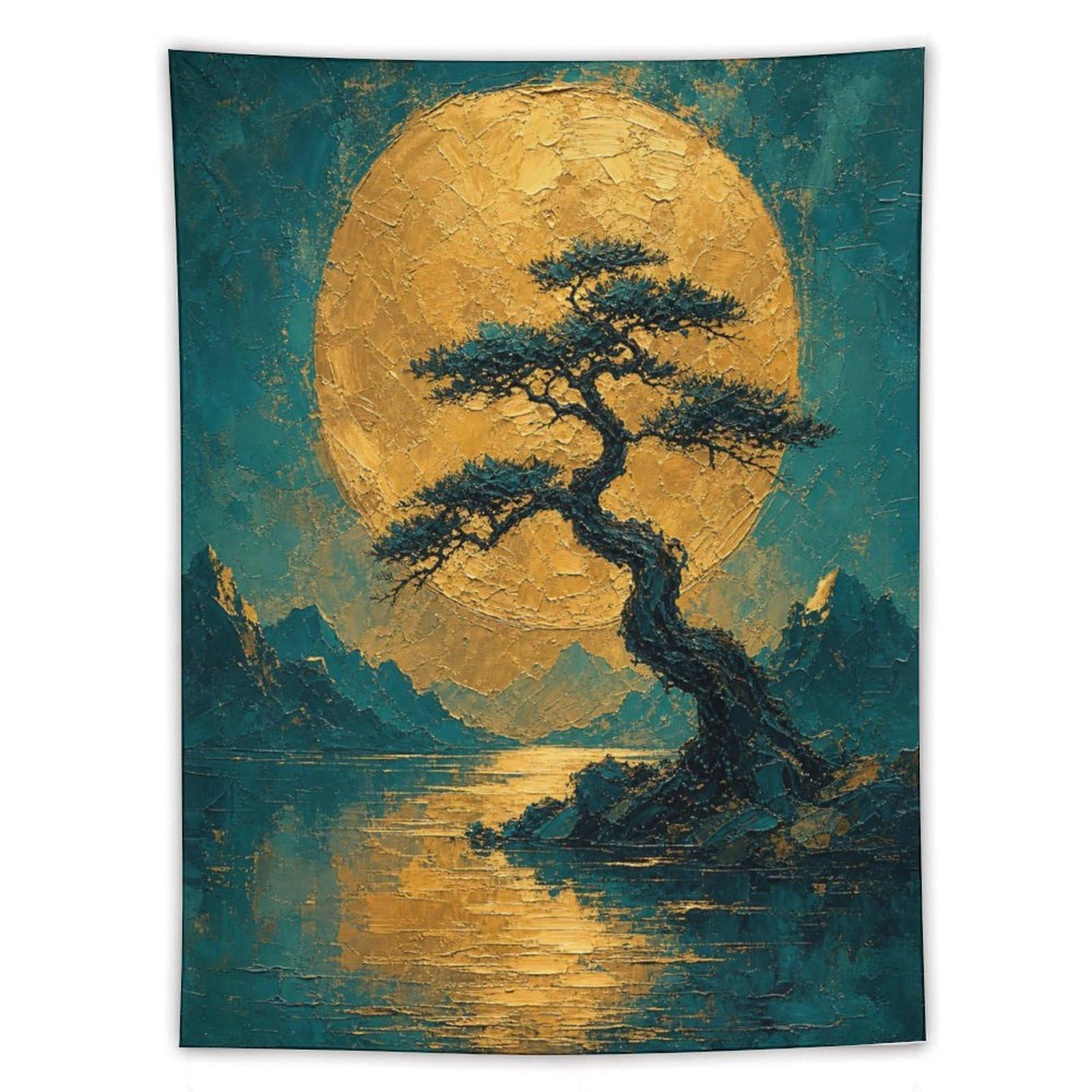 H3B8U2Y5 Golden Moon Pine Landscape Wall Tapestry, Ukiyo-e, Sofa Area