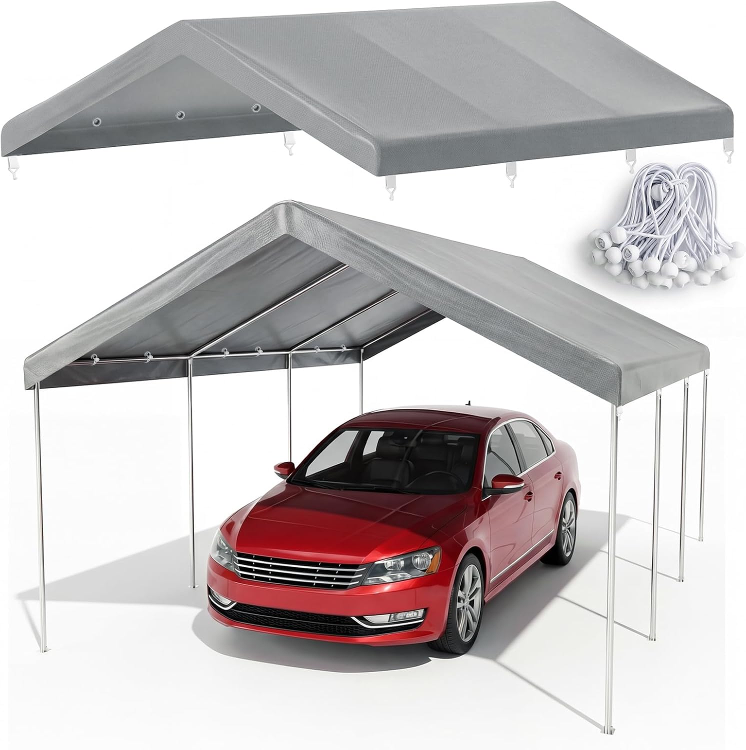 10x20 FT Carport Canopy Replacement Cover, Heavy Duty Car Garage Top Tent Shelter Tarp, Waterproof & UV Protected, Easy Installation with Ball Bungees, Gray (Frame Not Included)