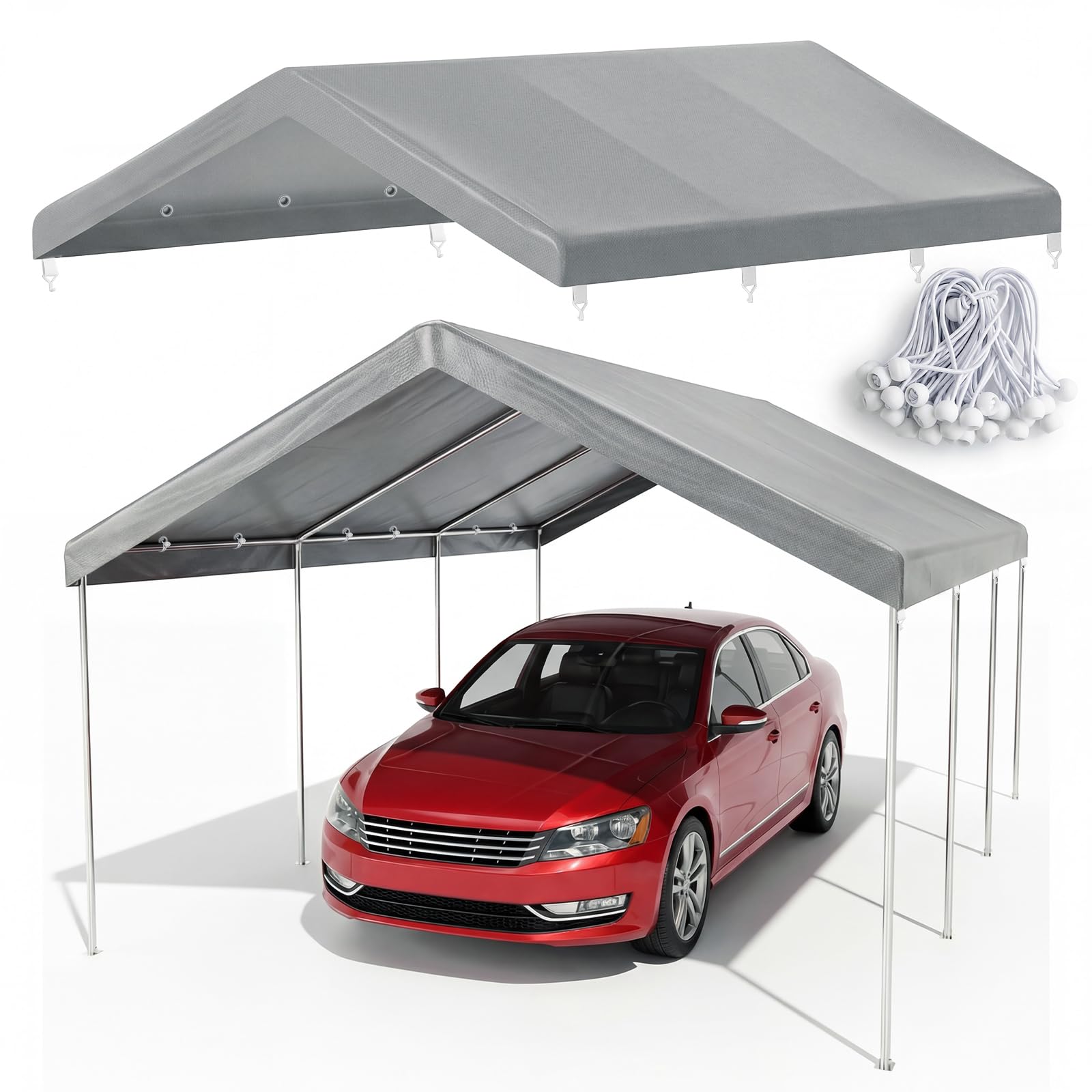 Photo 1 of 10x20 FT Carport Canopy Replacement Cover, Heavy Duty Car Garage Top Tent Shelter Tarp, Waterproof & UV Protected, Easy Installation with Ball Bungees, Gray (Frame Not Included)