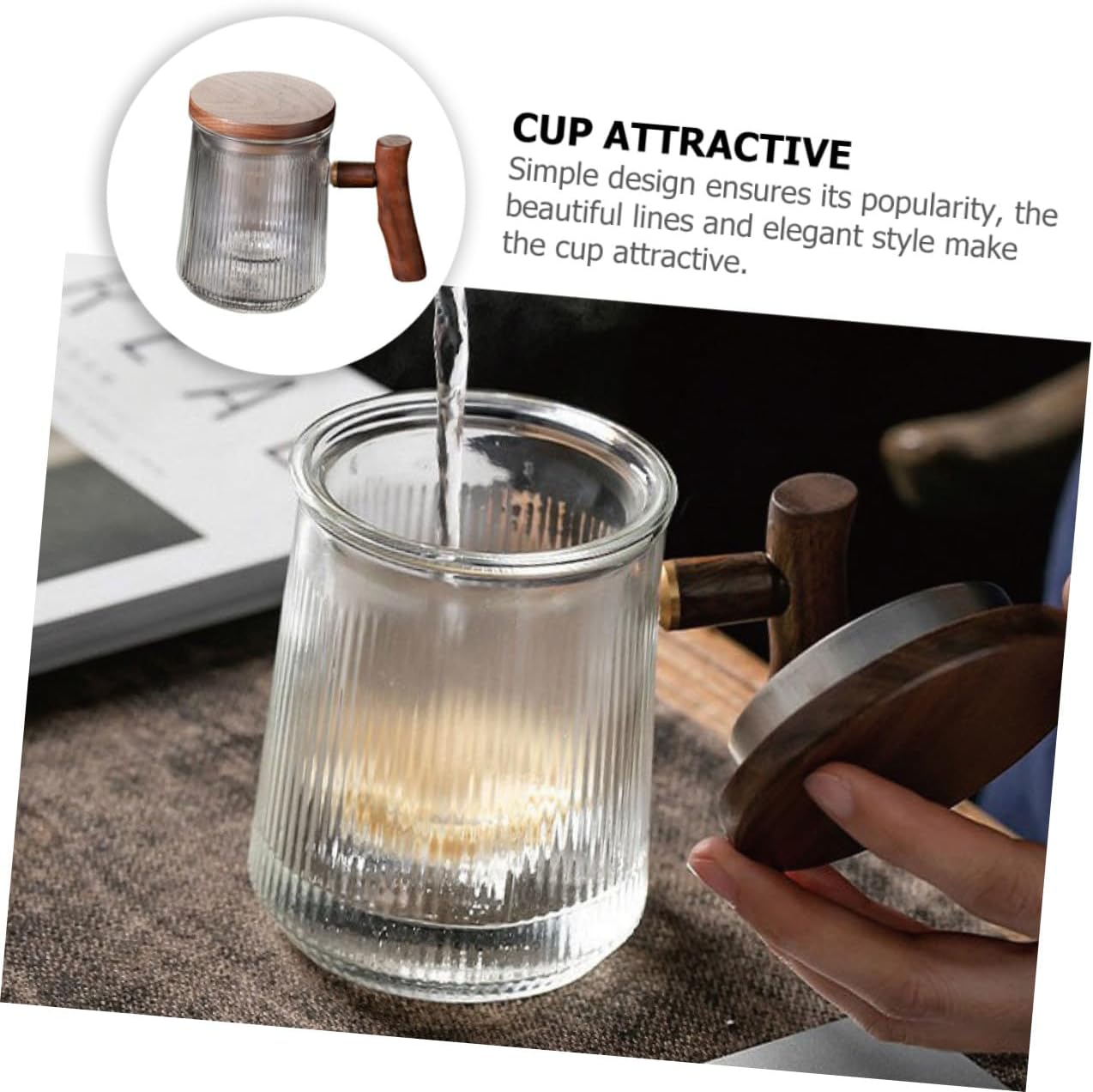 Glass Tea Mug with Infuser and Lid, 380ml Vertical Ribbed Glass Cup with Wooden Handle, Flower Tea Tumbler Set for Office and Home Brewing