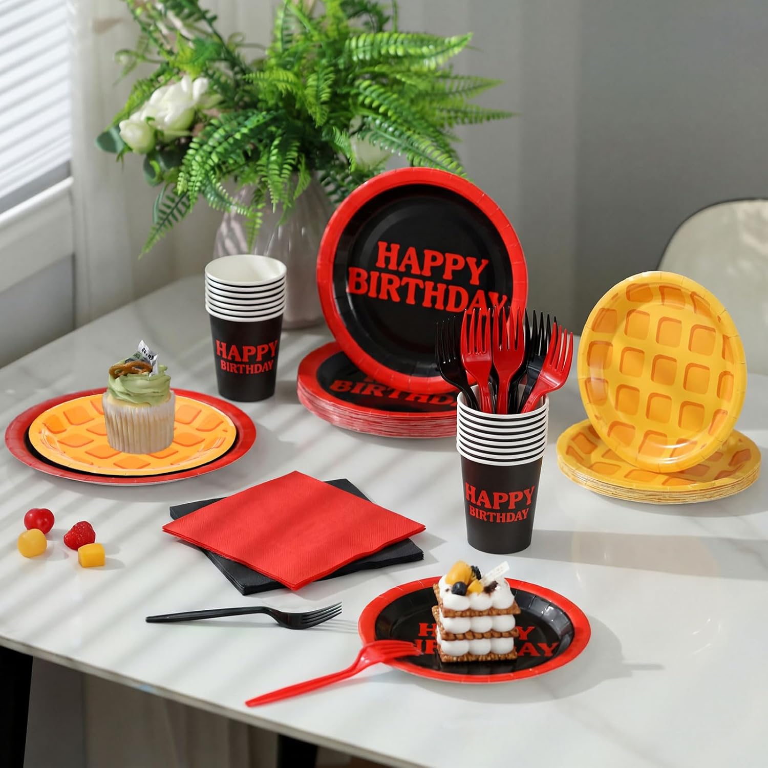 Baderke 120 Pcs Spooky Birthday Party Supplies Plates Napkins Cups and Forks Birthday Party Table Decorations Disposable Cake Tableware Set for 24 Guests
