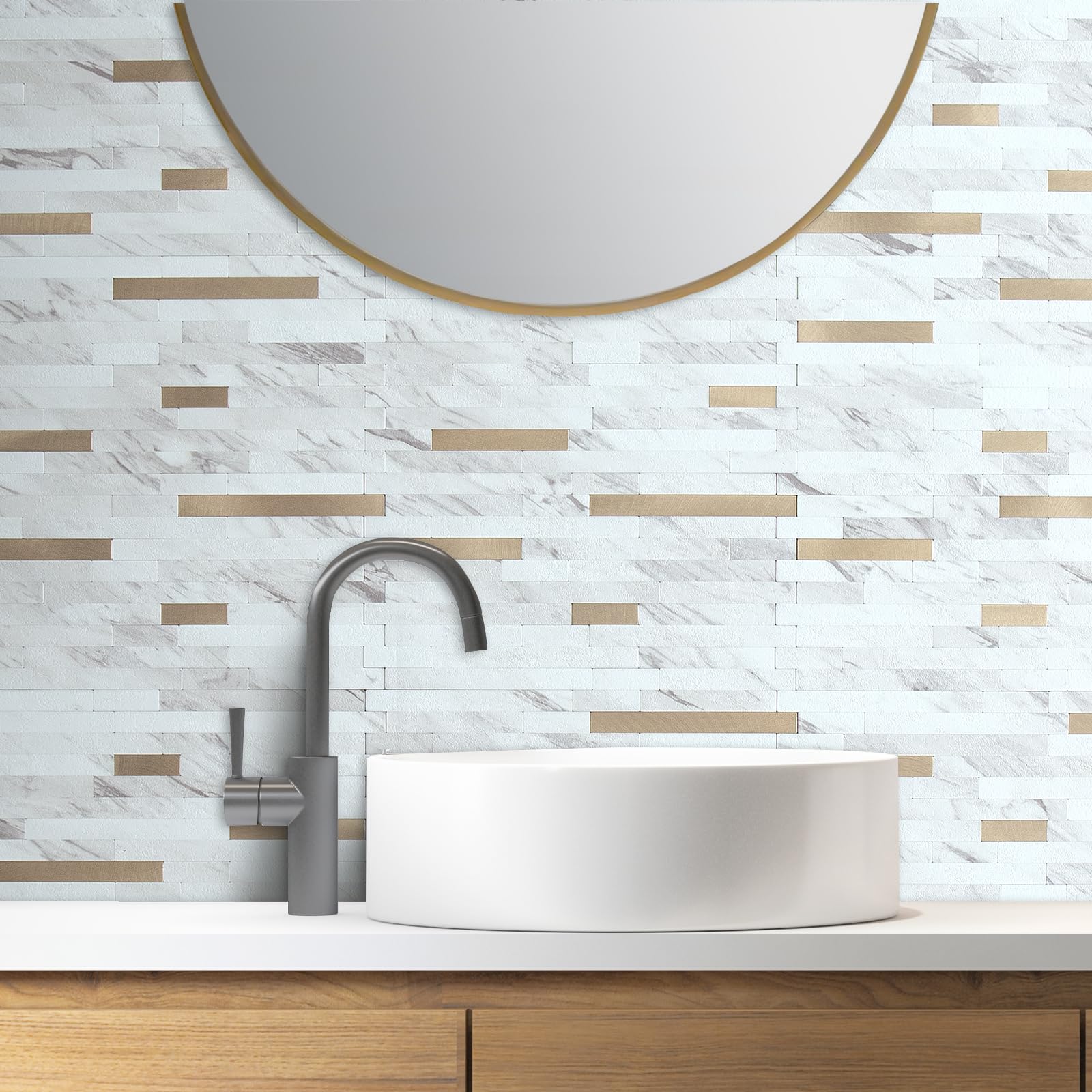 AULIGET 20 Sheets Faux Stone White Marble Peel and Stick Backsplash, PVC Mixed Metal Champagne Gold Wall Tile Stick on Backsplash for Kitchen and Bathroom - 5