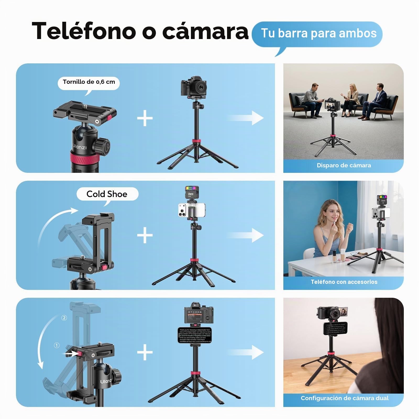 ULANZI MT-44 B Pop Open Palo Selfie Bluetooth 150 cm, Soporte de Cuatro Patas Apertura Automática, Trípode para Móvil con Zapata Fría, Rótula 360°, Rosca de 1/4" para Cámara DSLR Samsung iPhone