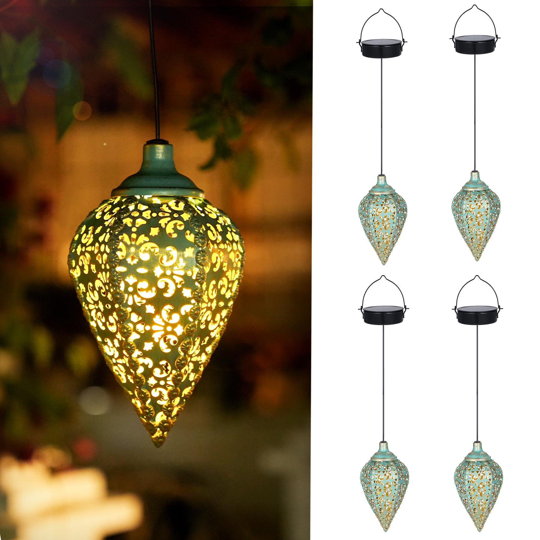Görvitor 4 Stück Solarlampen für Außen Hängend, Solarlaterne für Außen IP65 Wetterfest, Metall LED Solar Laterne Outdoor für Draußen Balkon Hof Veranda Garten Weihnachtsgeschenke (Olivenförmig)