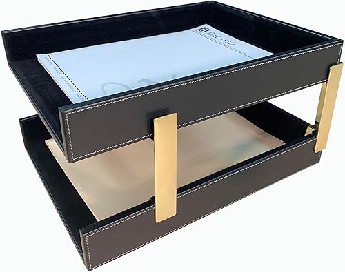 DACASSO Bandeja de cuero doble para escritorio, soporte para cartas de lujo y organizador de papel para escritorio, organización de oficina y