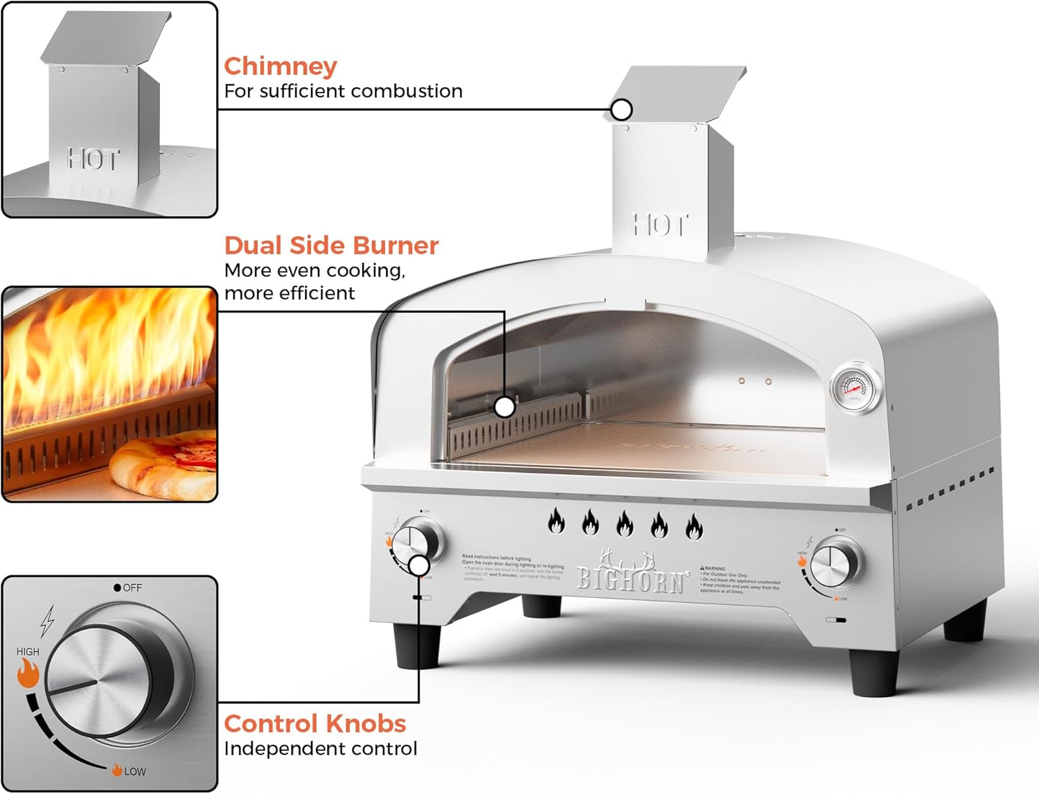 BIG HORN Gas Pizza Oven, Portable Propane Pizza Oven with 15 inch Pizza Stone, Stainless Steel Pizza Maker for Outdoor Cooking