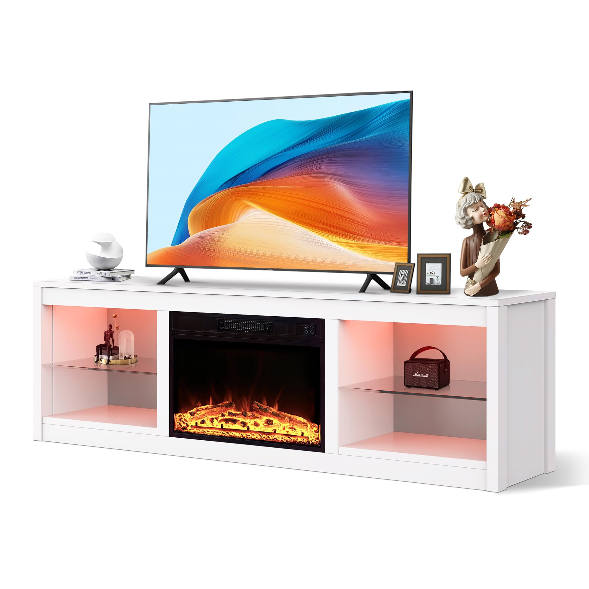 ELEVARAWOOD 66 inch Electric Fireplace TV Stand for 75" TVs, Modern TV Stands for Living Room, LED Light Entertainment Center with Storage, Fireplace