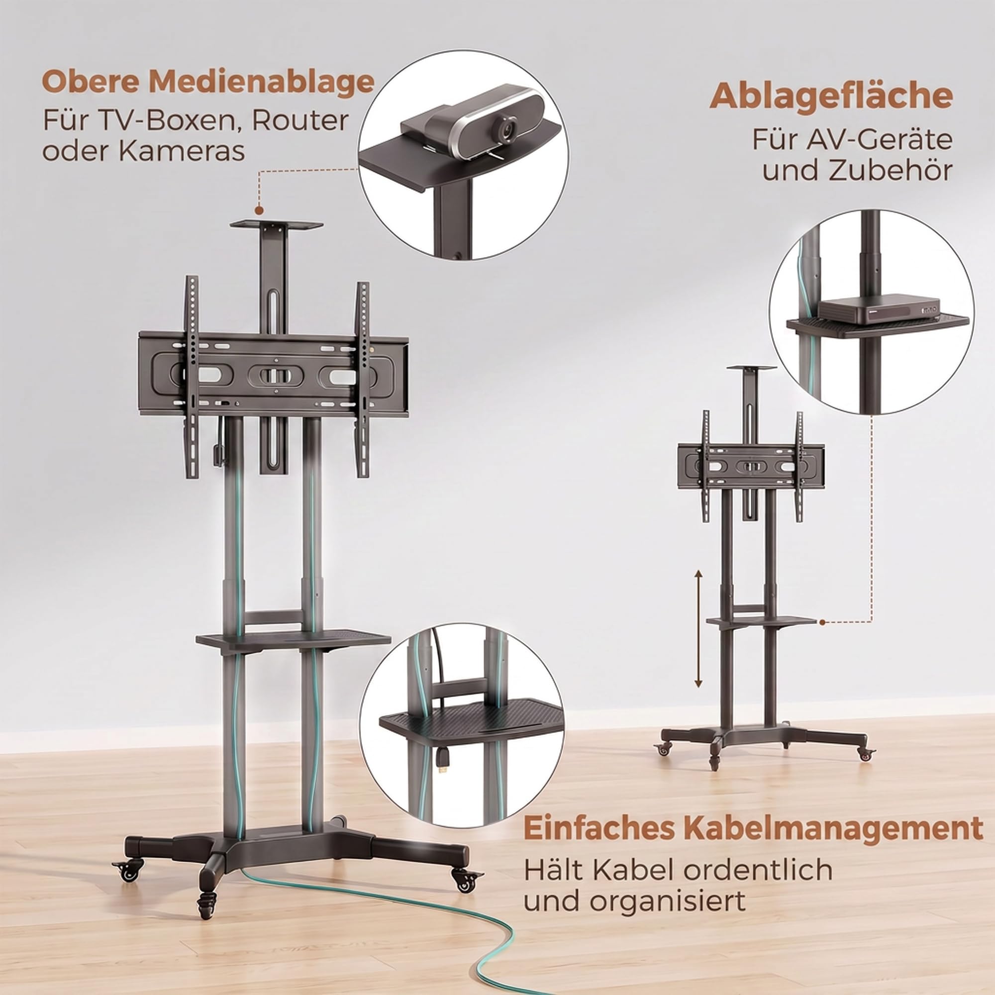 HOMCOM Soporte de TV con Ruedas para televisores de 32-75 Pulgadas, Altura Ajustable, Ruedas con Freno, Bandeja para cámara y Estante Multimedia, VESA máx. 400 x 600 mm, Negro