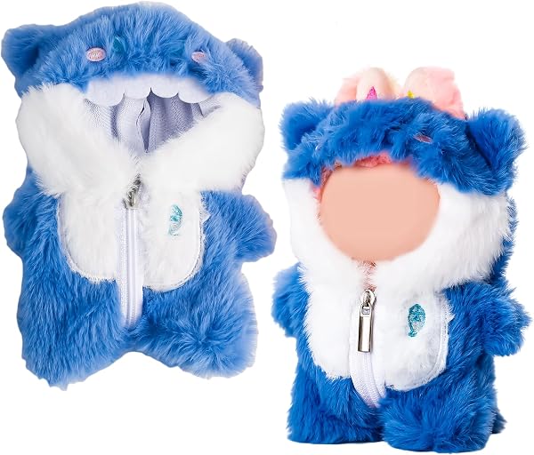 1 Stück Puppenkleidung für Puppe,Kompatibel mit Labubu,Blauer Einteiler Haikostüm Puppenzubehör Vinyl Plüschtier Outfit Set Accessoires für Puppen - 1