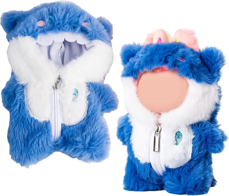 1 Stück Puppenkleidung für Puppe,Kompatibel mit Labubu,Blauer Einteiler Haikostüm Puppenzubehör Vinyl Plüschtier Outfit Set Accessoires für Puppen