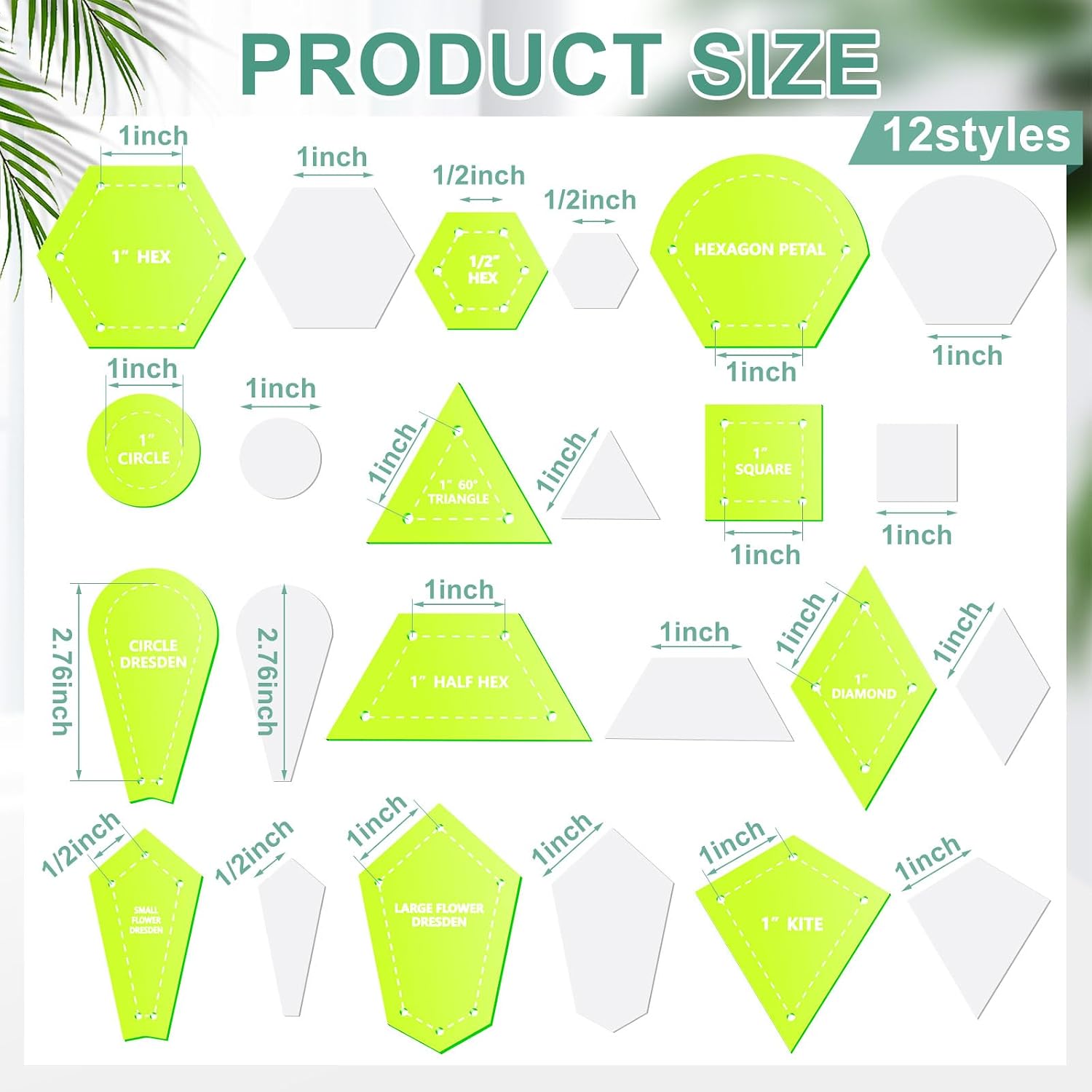 Cinnvoice 612 Pcs Patchwork Paper EPP English Piecing Supplies 12 Shapes Acrylic Templates with 600 Paper Piecing for Sewing Dresden Plate Triangle Hexagon Quilting Template(Classic 1,Yellow Green)