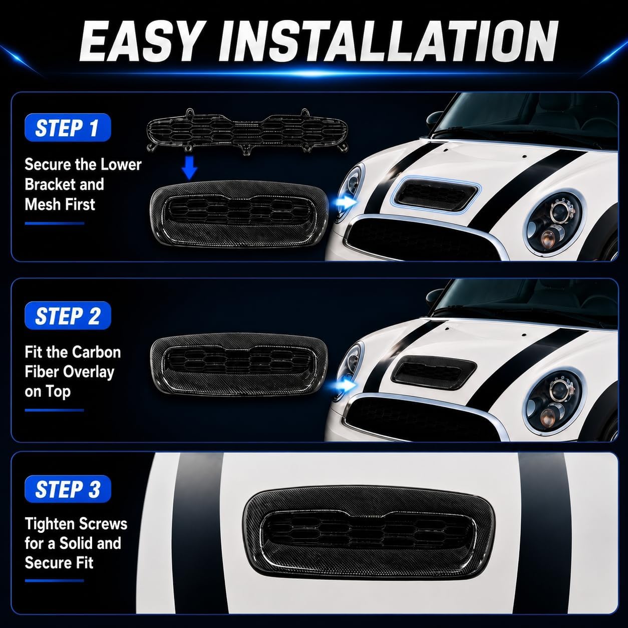 Carbon Fiber Print Hood Scoop Air Vent For 07-13 Mini Cooper S R55-R59