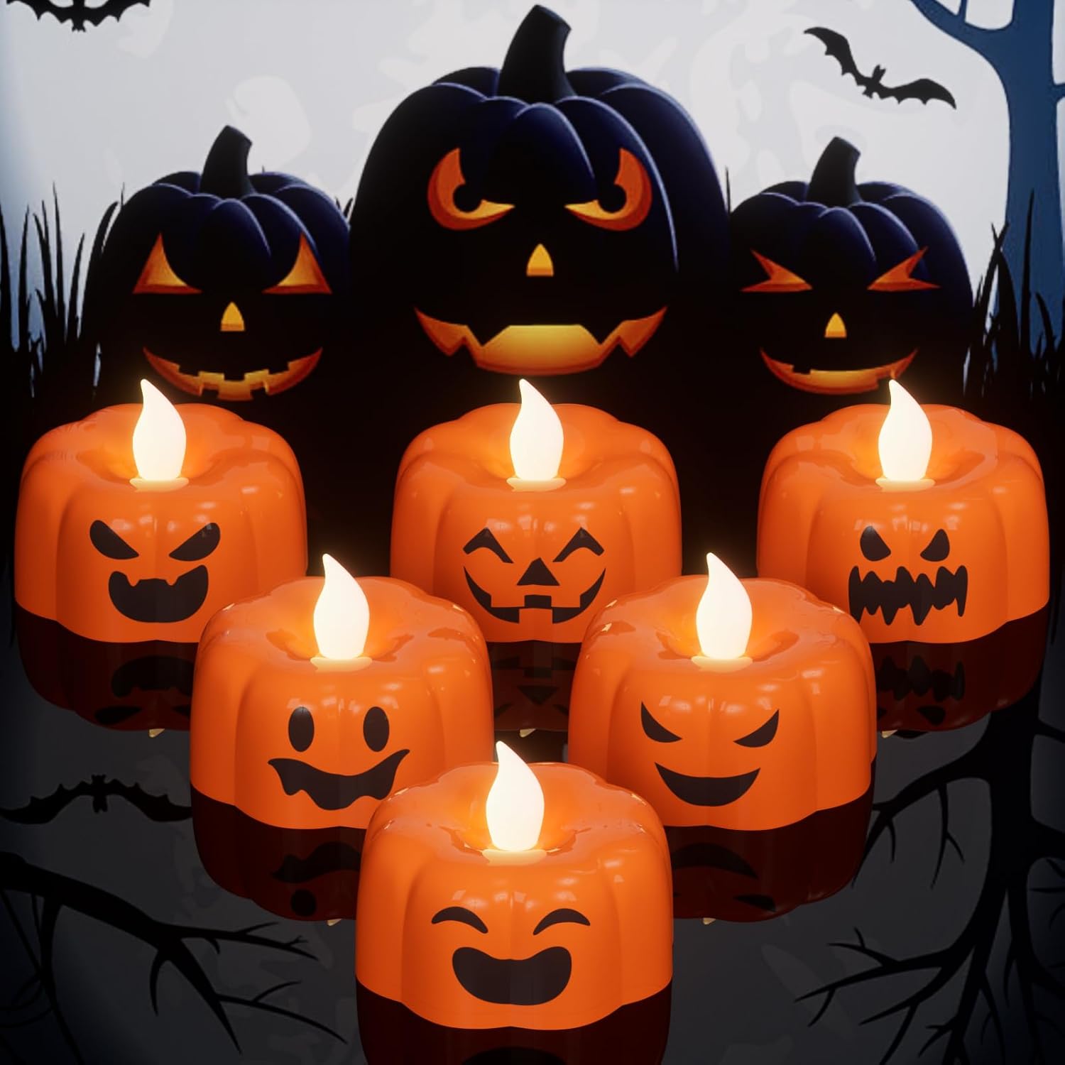 Ghost Candles Flickering Flameless with Remote, Halloween Spooky Battery Operated Tea Lights Candles, LED Candle for Halloween Decor(Set of 6, White, D2”xH2.4”)