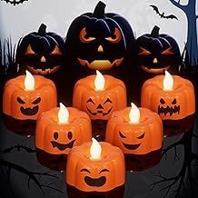 Halloween Pumpkin Tea Lights Candles Battery Operated with Timer, 6 Pack Flameless LED Tealight Candles for Halloween Pumpkin Night Light Fall Decorations (1.9&rdquo; x 1.6&rdquo;)
