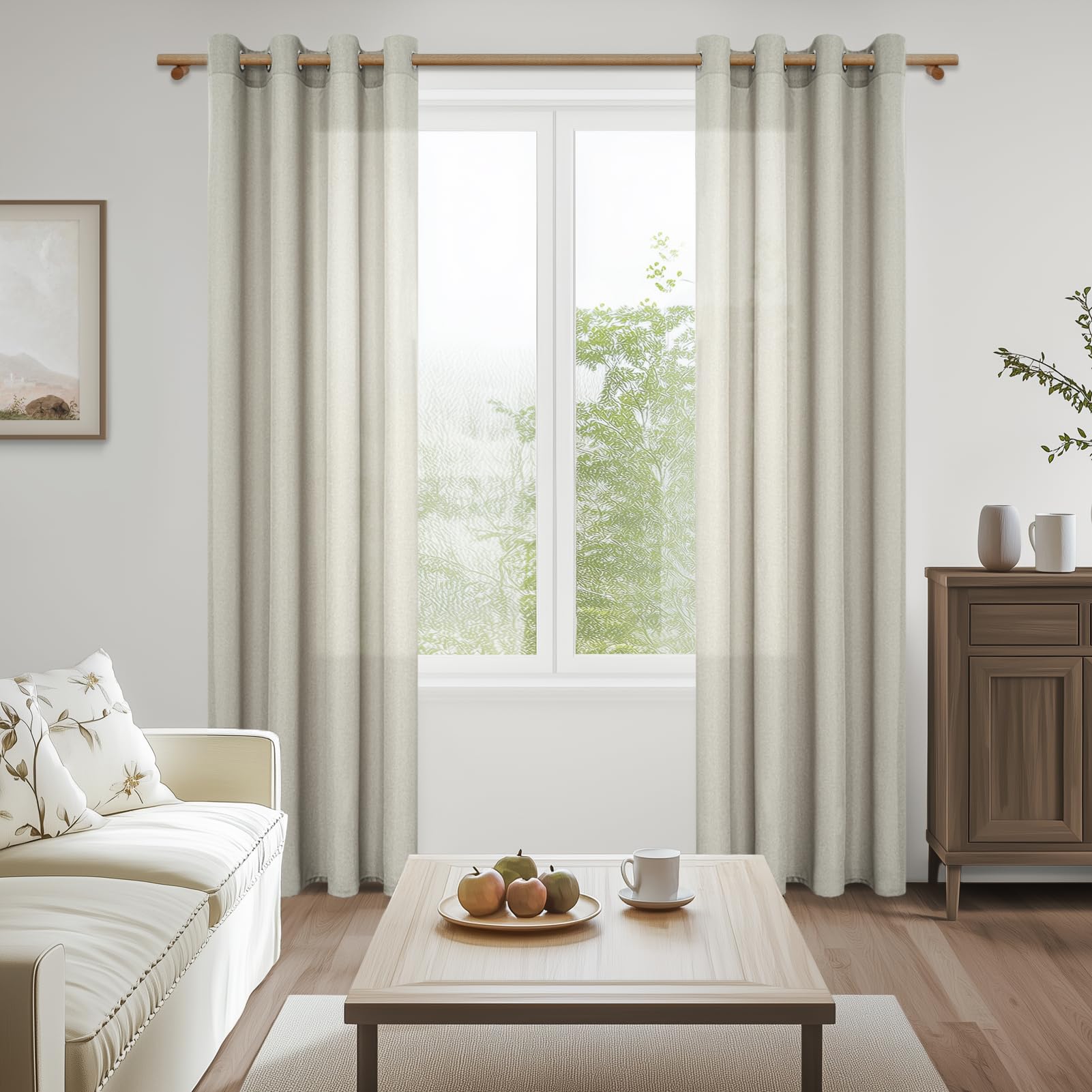 MRTREES Rideau Voilage Fenetre Salon Lot de 2 Panneaux de Rideaux Chambre Adulte Intérieurs Rideau Voile Lin Naturel Semi-Transparent à Oeillets pour Baie Vitrée Salle a Manger 140x245cm