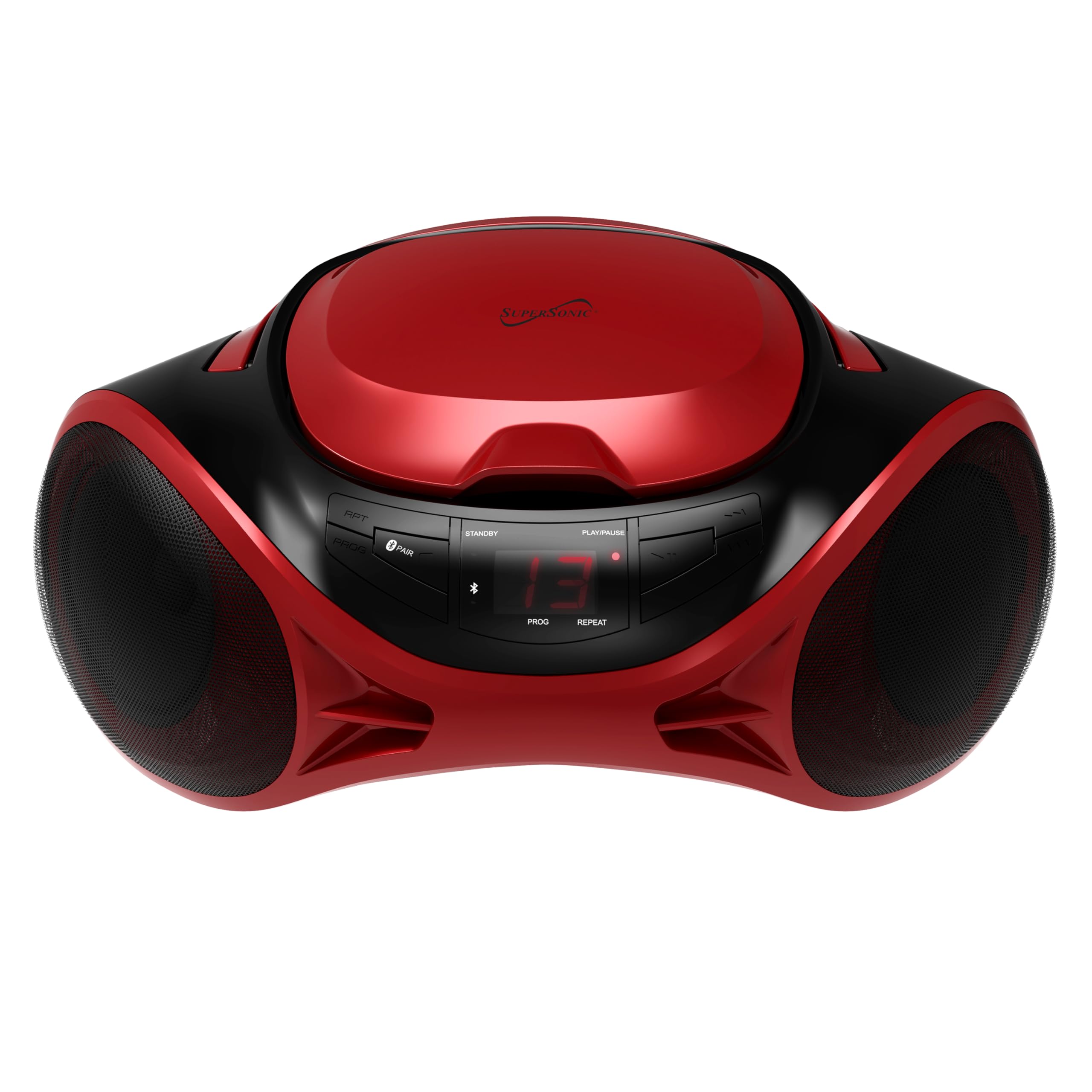 Supersonic SC-726BT Portable AM/FM Radio Top-Loading CD Player with Bluetooth, LED Track Display, Aux Input, Carry Handle, Built-in Speaker, Programmable Memory, Repeat Modes, AC/DC (Red)