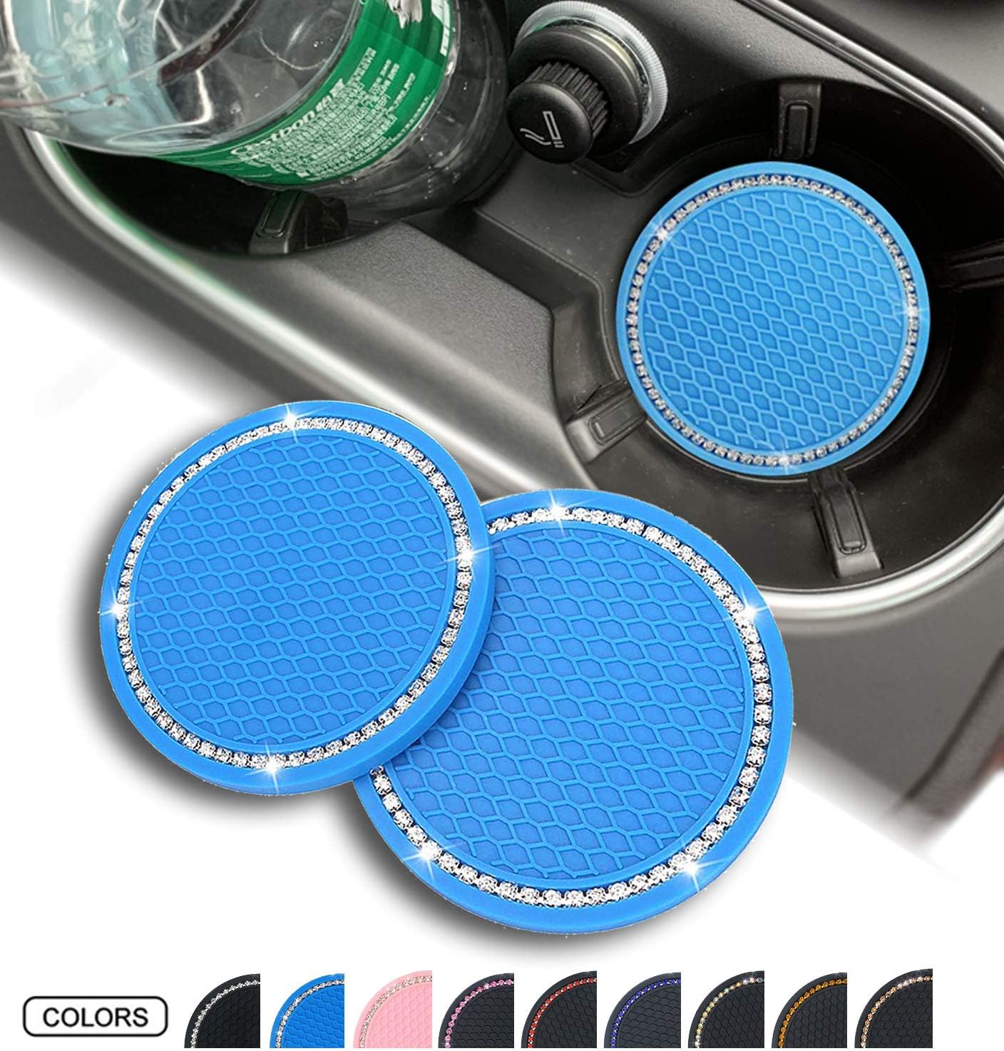 2 Pack Bling Car Coasters PVC Travel Auto Universal Cup Holder Insert Coaster Anti Slip Crystal Vehicle Interior Accessories Cup Mats for Women and Girl (2 Blue with White Crystal)