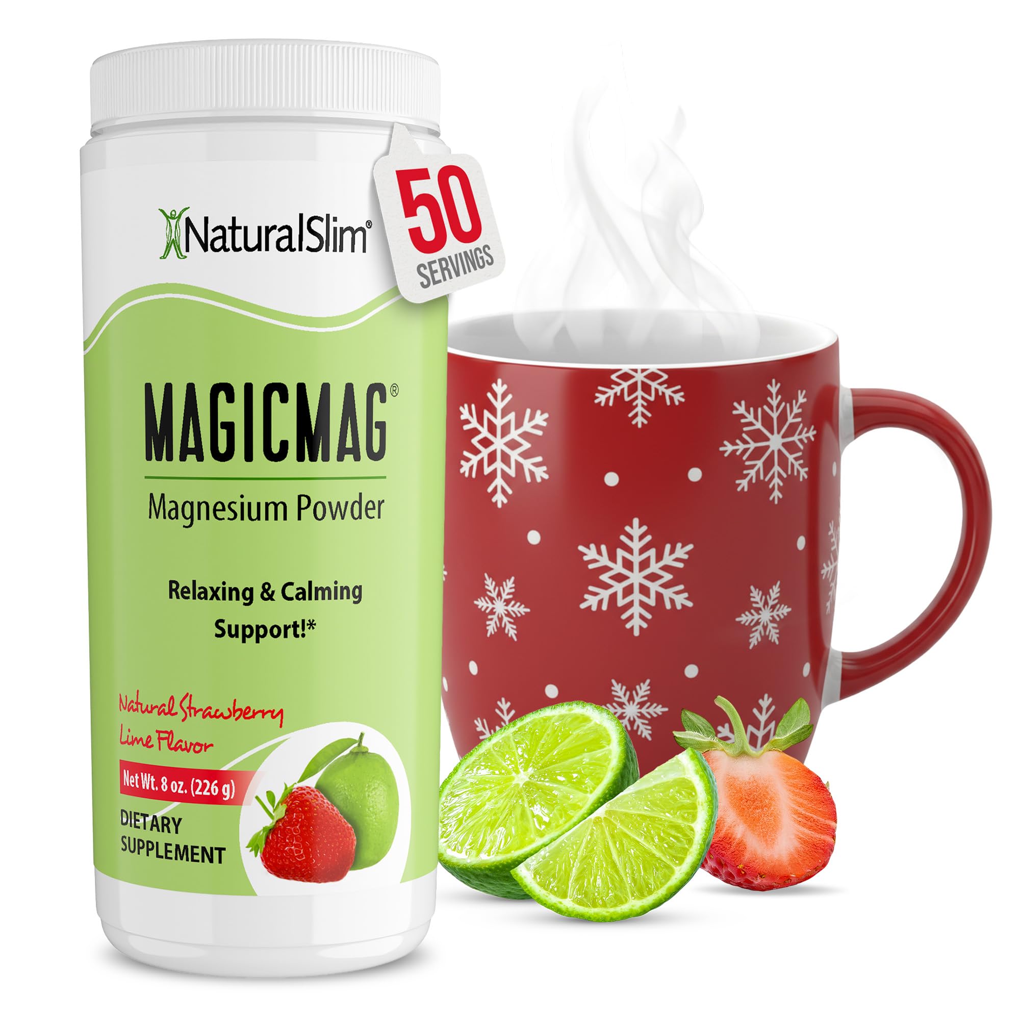 NaturalSlim Magicmag Pure Magnesium Citrate Powder – Stress, Constipation, Muscle, Heart Health, and Sleep Support | Natural Strawberry & Lime Flavored Magnesium Supplement - 8oz Drink Mix (Solo)
