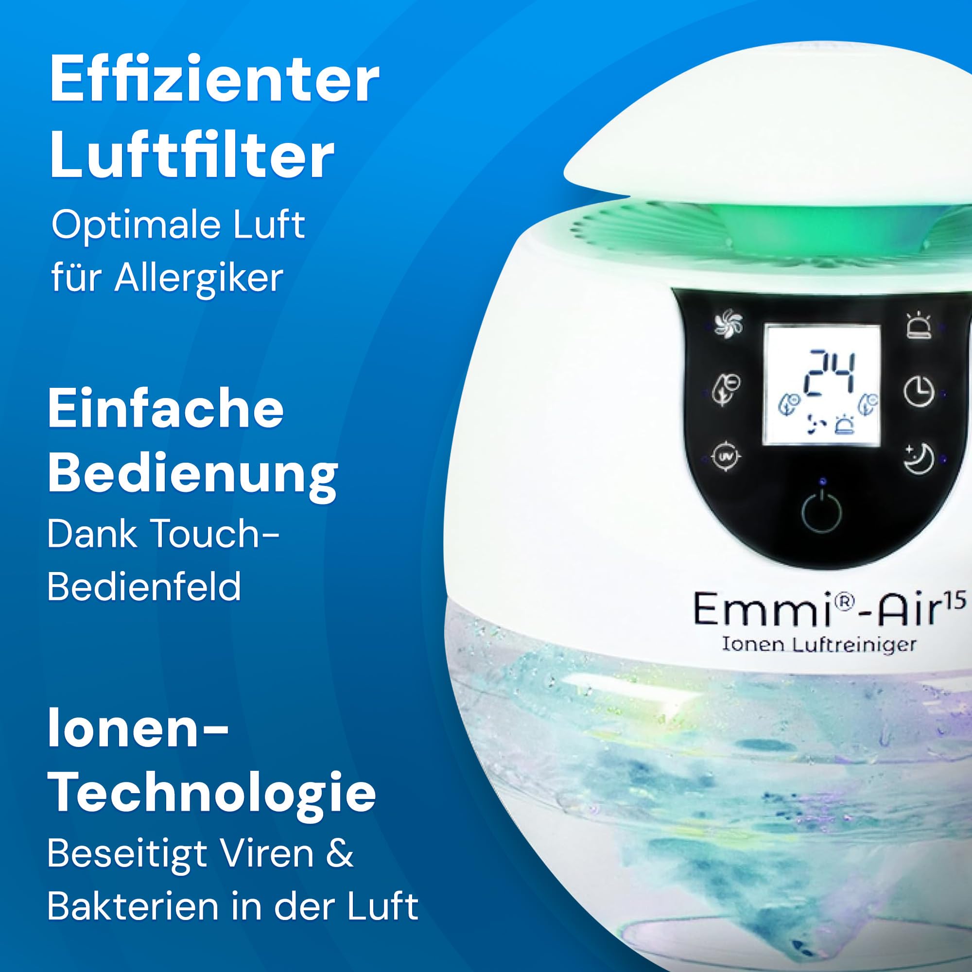 emmi-AIR Luftreiniger bis 35 m² I Leiser Air Purifier ohne Filter I Negative Ionentechnologie gegen Staub, Pollen & Gerüche I Luftreiniger für Allergiker I Energieeffizient & Wartungsfrei