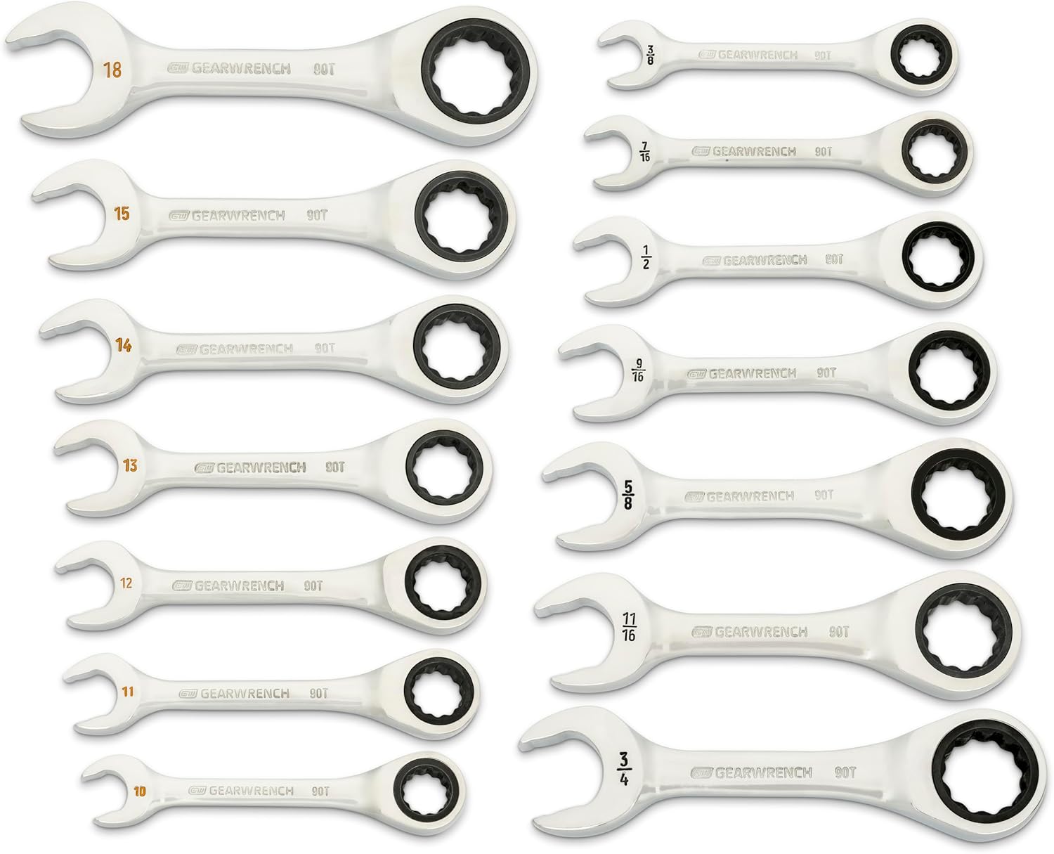 GEARWRENCH 10 Piece 90-Tooth 12 Point Stubby Flex Combination Ratcheting Wrench Set, Metric | 10mm - 19mm | 86870