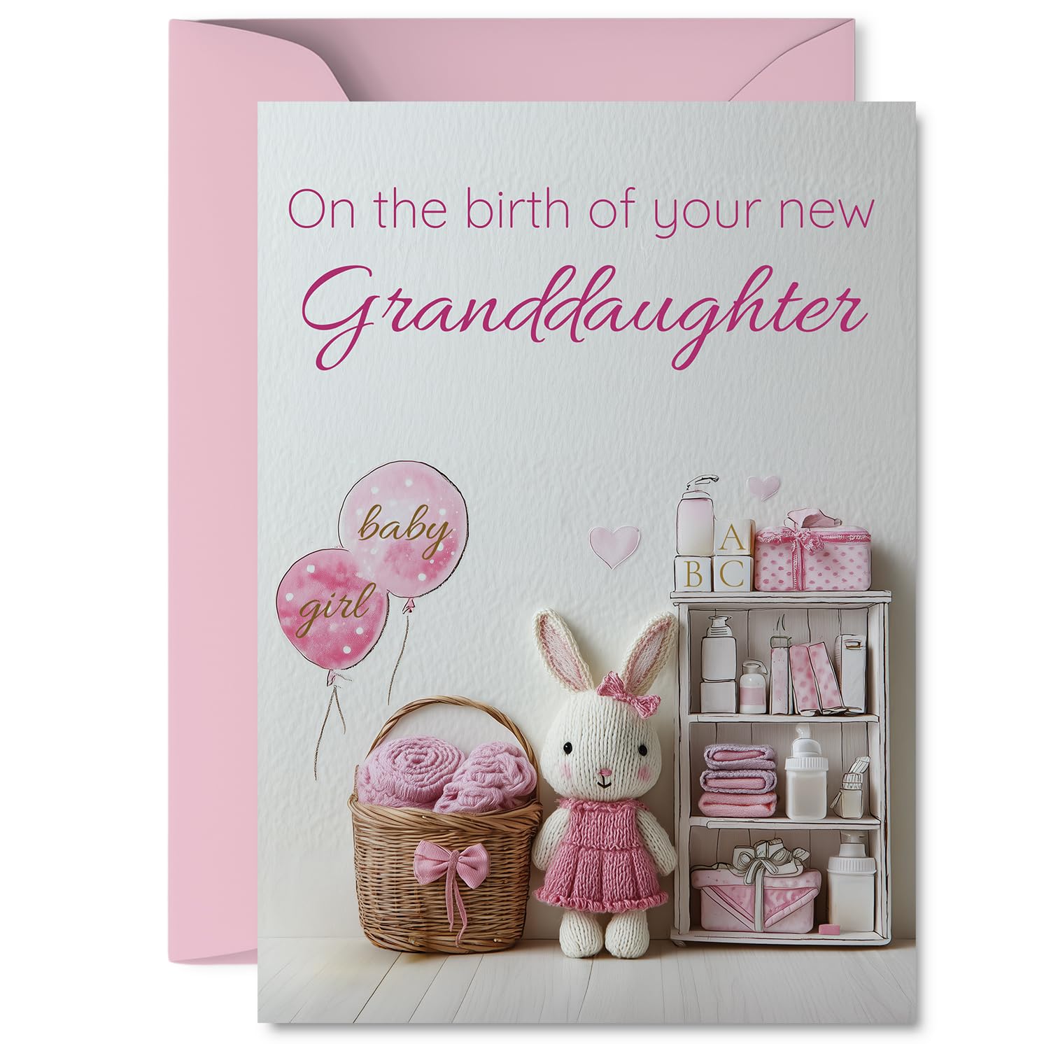 Sweet New Baby Card for Granddaughter - Charming Bunny and Pink Balloons - Joyful Welcome Theme - 5x7 Inch, Envelope Included