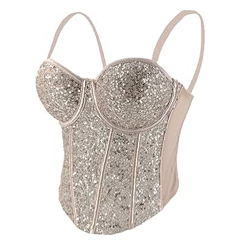 ELLACCI Women's Sexy Sequin Sheer Mesh Bustier Corset Tops