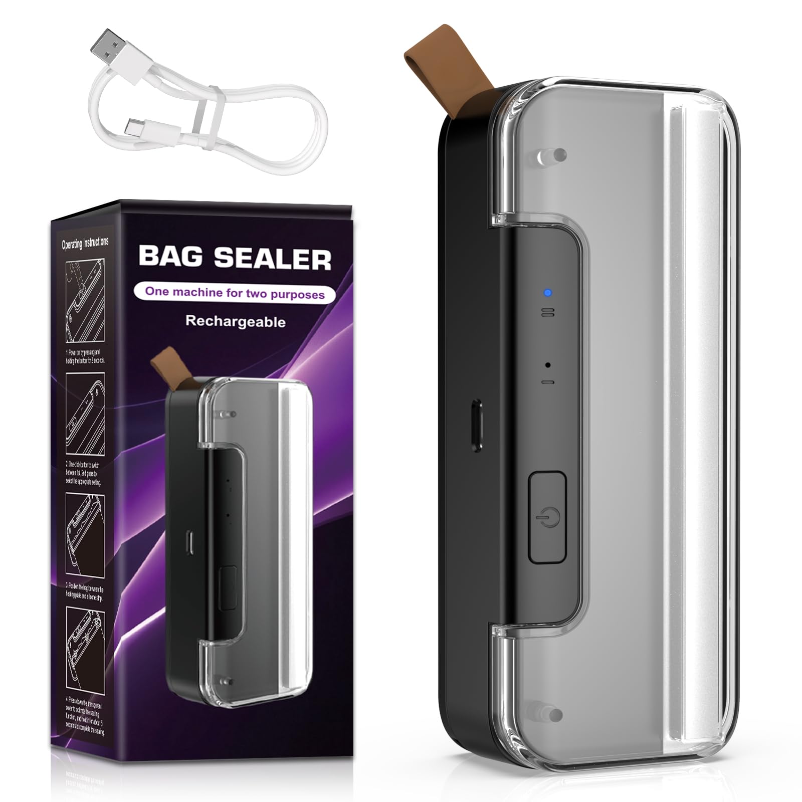 Mini Scelleuse Thermique,Soudeuse Sac Plastique, Portable 2-en-1 avec Cutter et Pied Magnétique - Scellage 2 Niveaux, Rechargeable USB (Auto-Off) - Pour Aliments, Snacks, Sacs Plastiques -Noir